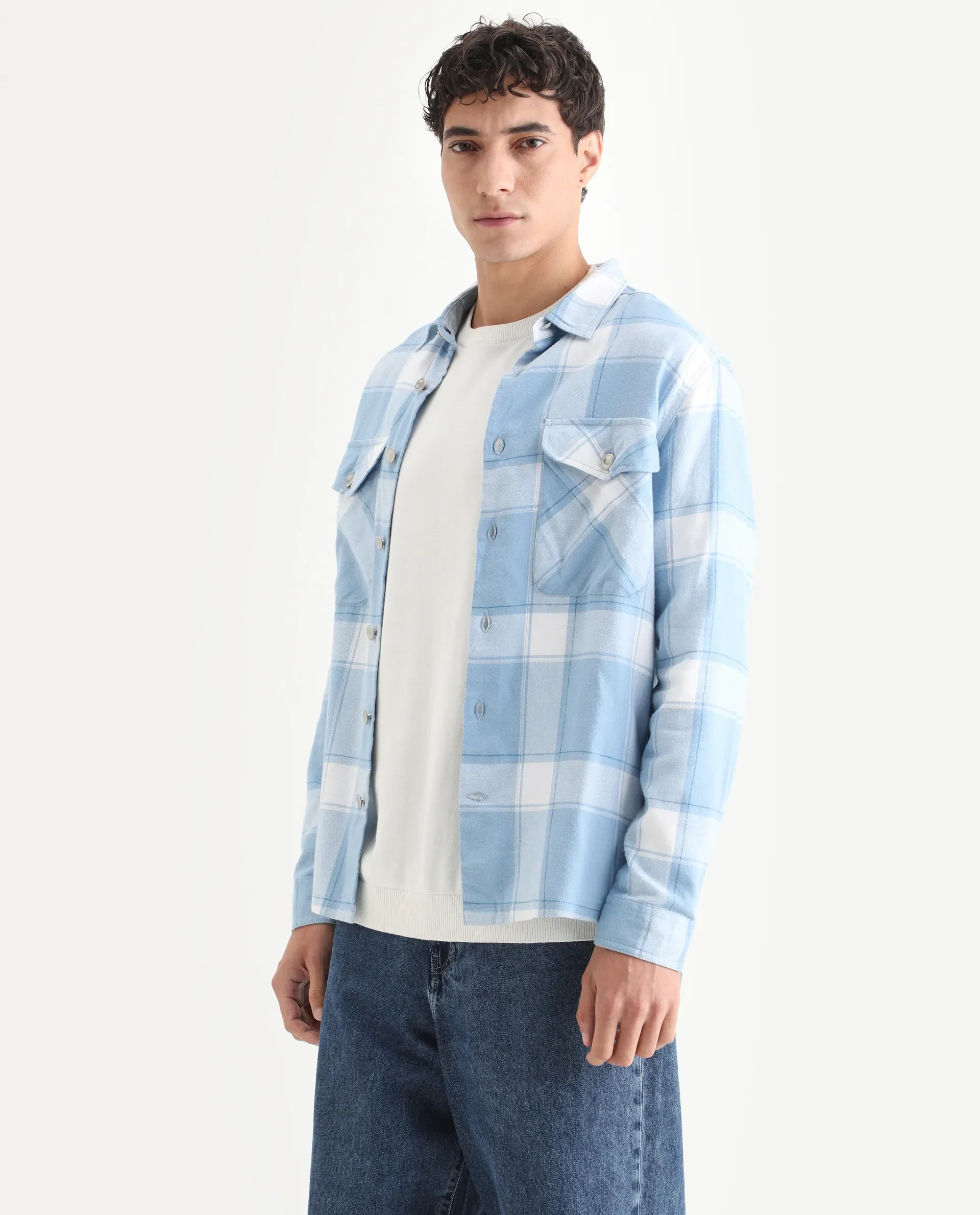 Rare Rabbit Men's Areo Pastel Blue Cotton Checked Print Relaxed Fit Full Sleeve Collared Shacket - Image 4