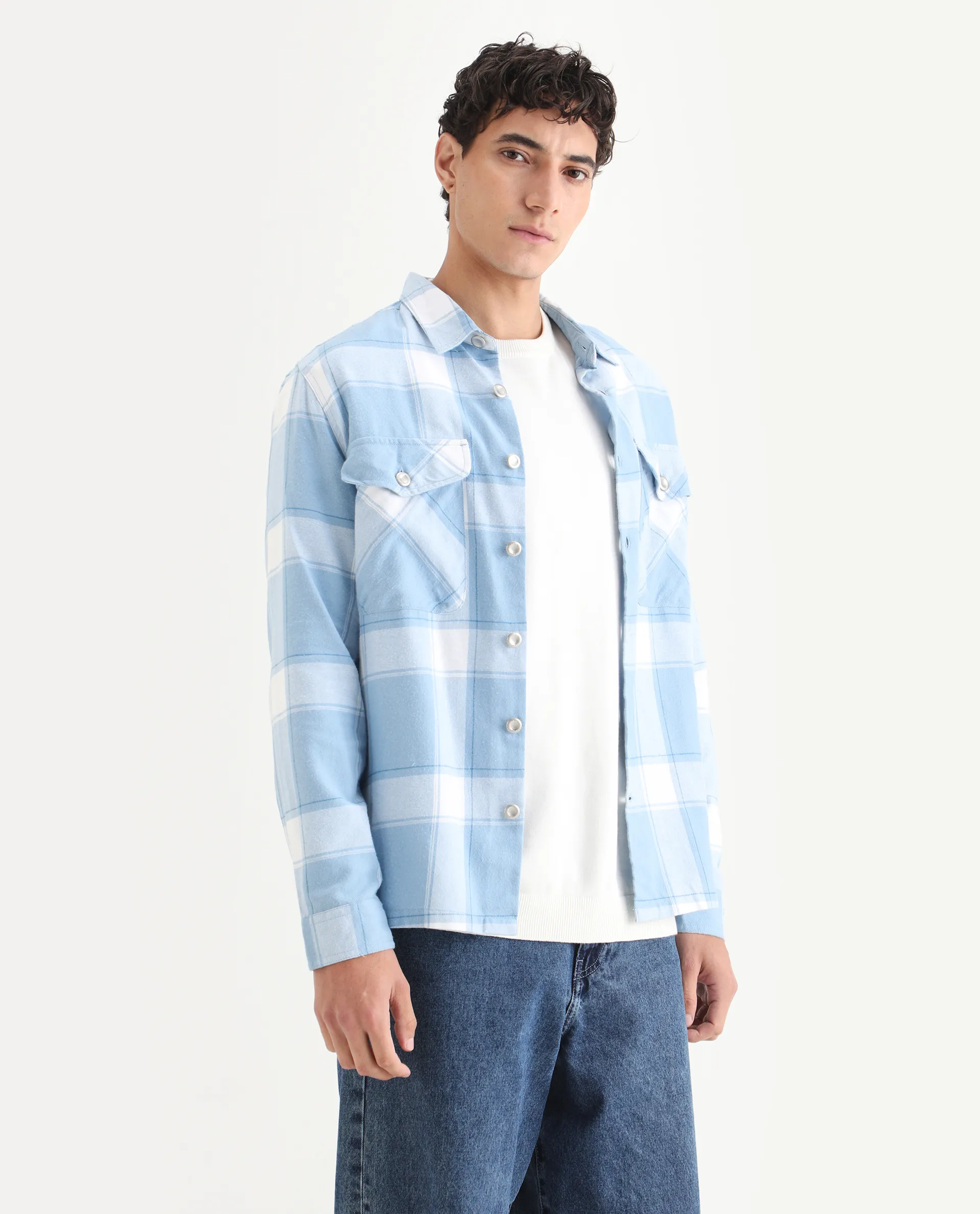 Rare Rabbit Men's Areo Pastel Blue Cotton Checked Print Relaxed Fit Full Sleeve Collared Shacket - Image 5