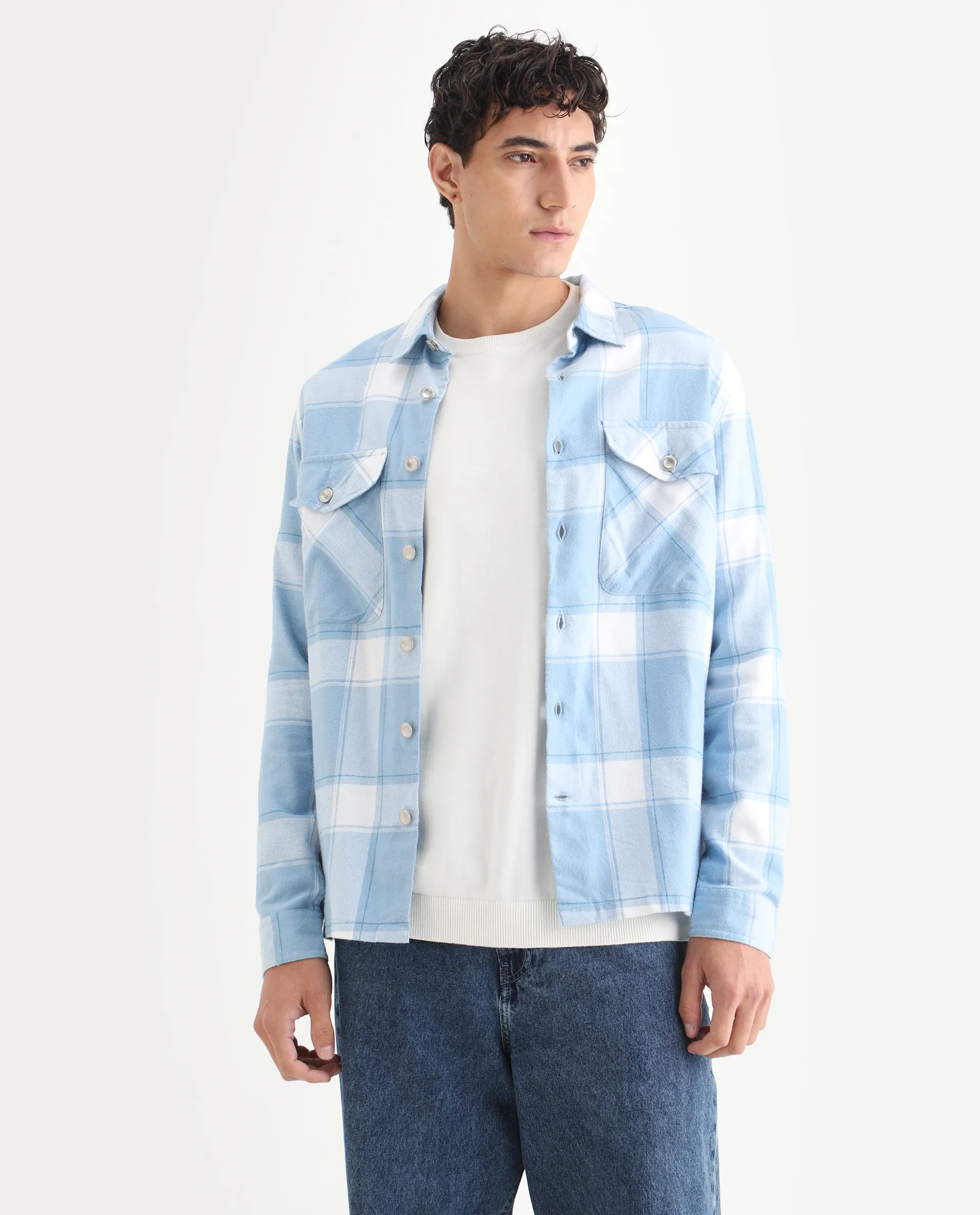 Rare Rabbit Men's Areo Pastel Blue Cotton Checked Print Relaxed Fit Full Sleeve Collared Shacket - Image 6
