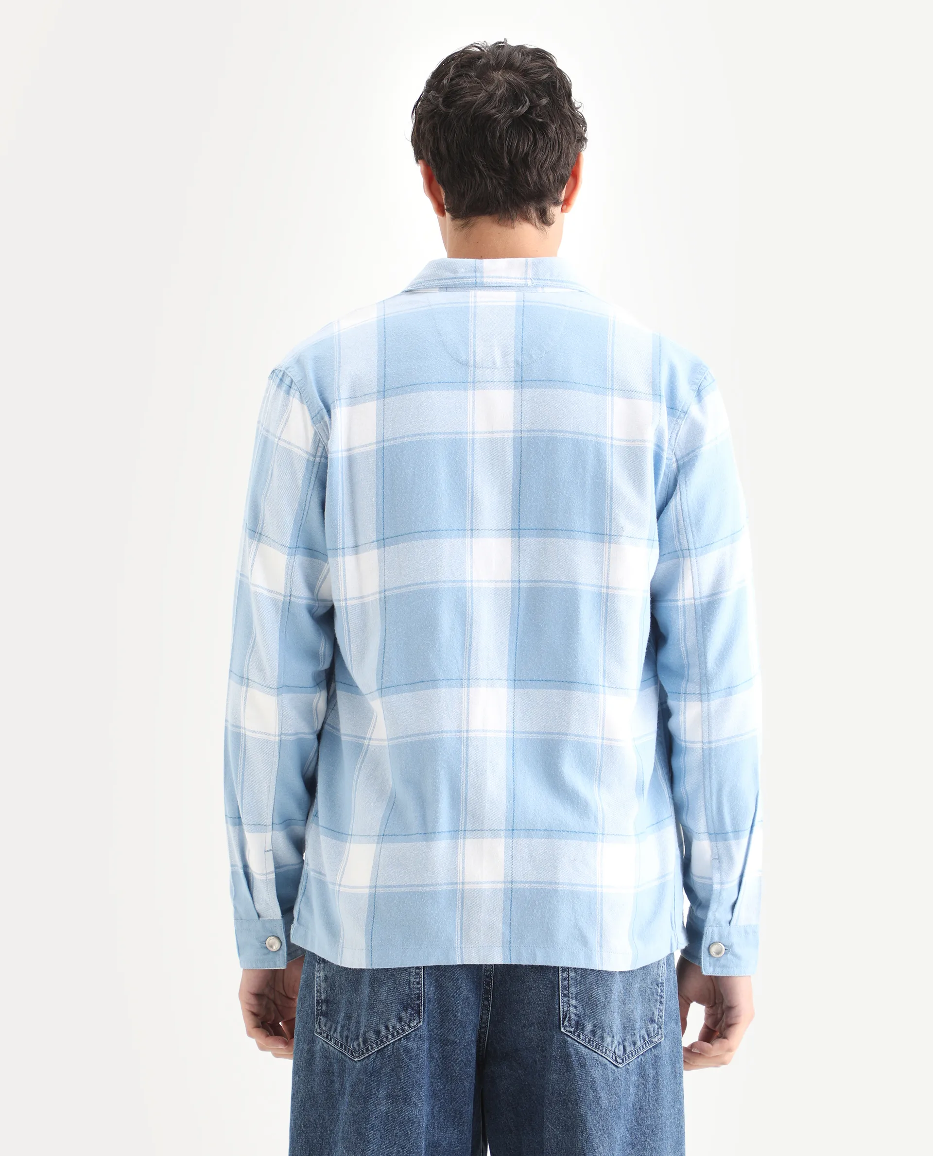 Rare Rabbit Men's Areo Pastel Blue Cotton Checked Print Relaxed Fit Full Sleeve Collared Shacket - Image 7