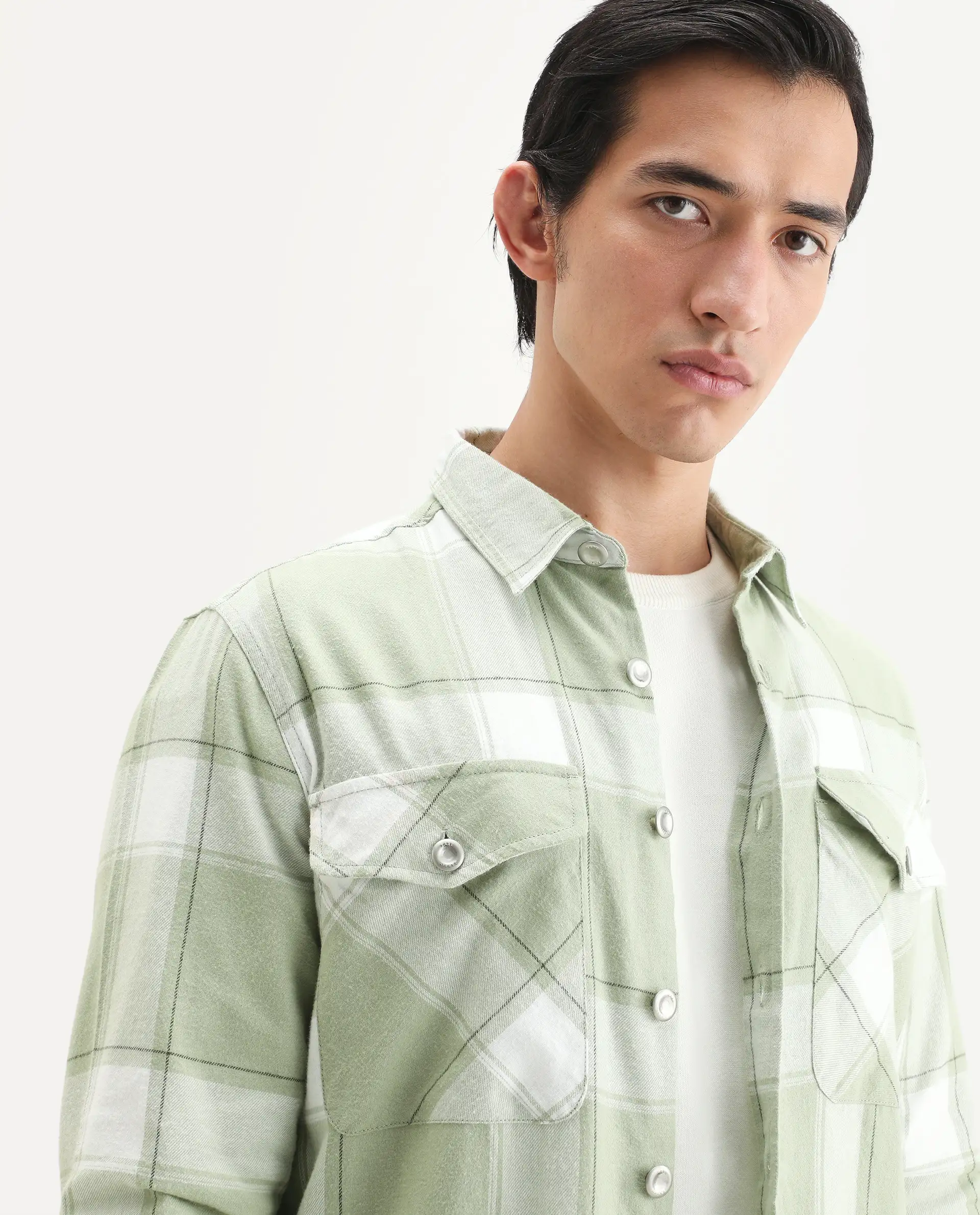 Rare Rabbit Men's Areo Pastel Green Cotton Checked Print Relaxed Fit Full Sleeve Collared Shacket - Image 3