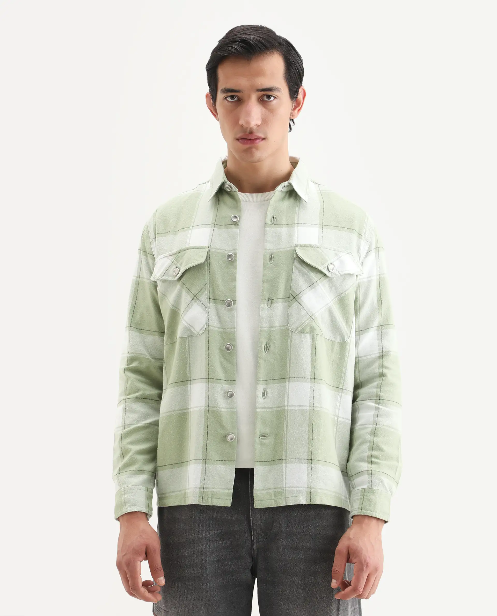Rare Rabbit Men's Areo Pastel Green Cotton Checked Print Relaxed Fit Full Sleeve Collared Shacket - Image 4