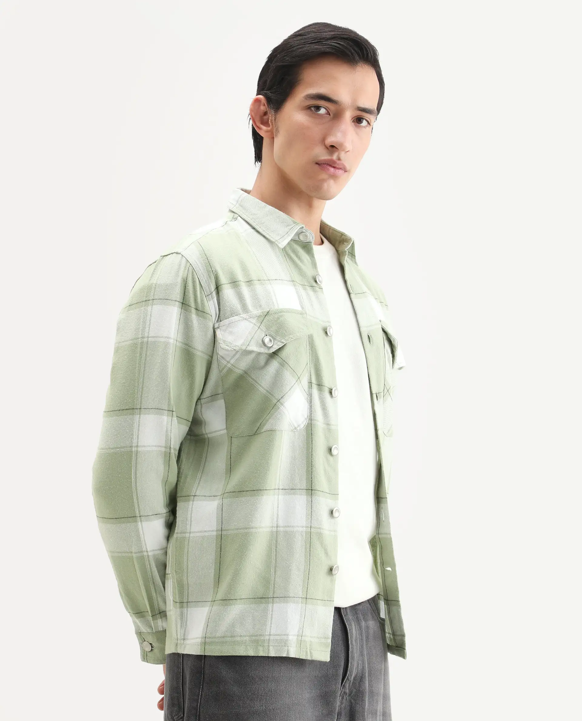Rare Rabbit Men's Areo Pastel Green Cotton Checked Print Relaxed Fit Full Sleeve Collared Shacket - Image 5