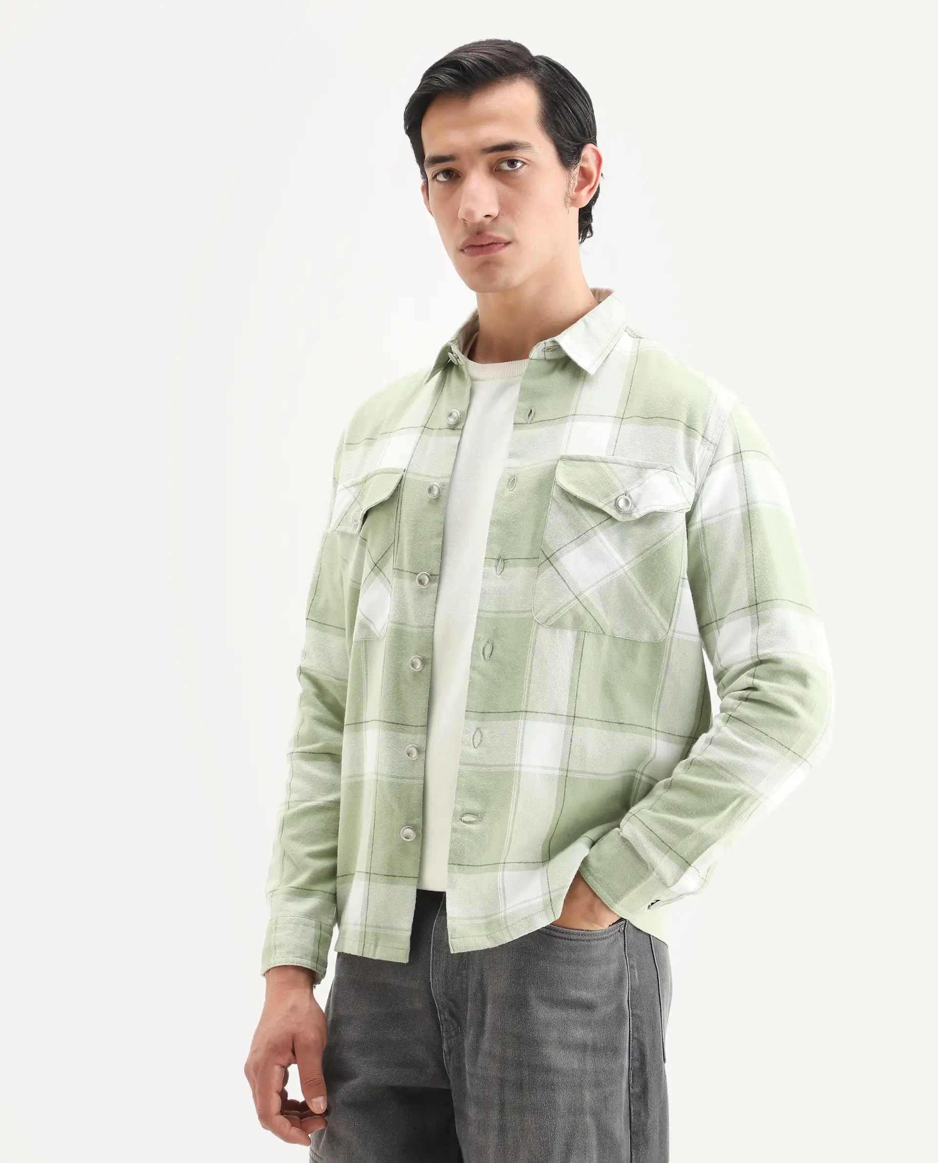 Rare Rabbit Men's Areo Pastel Green Cotton Checked Print Relaxed Fit Full Sleeve Collared Shacket - Image 6