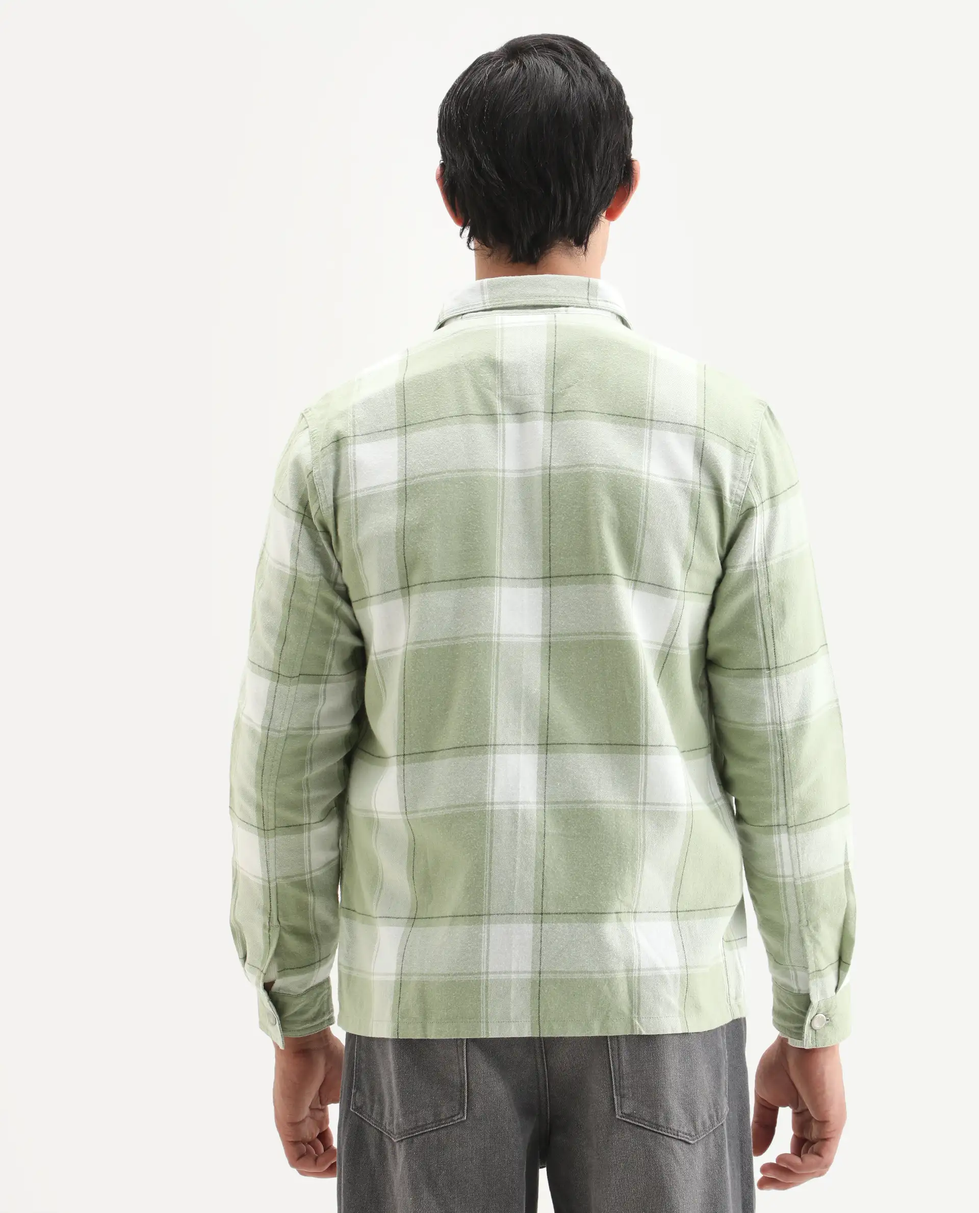 Rare Rabbit Men's Areo Pastel Green Cotton Checked Print Relaxed Fit Full Sleeve Collared Shacket - Image 7