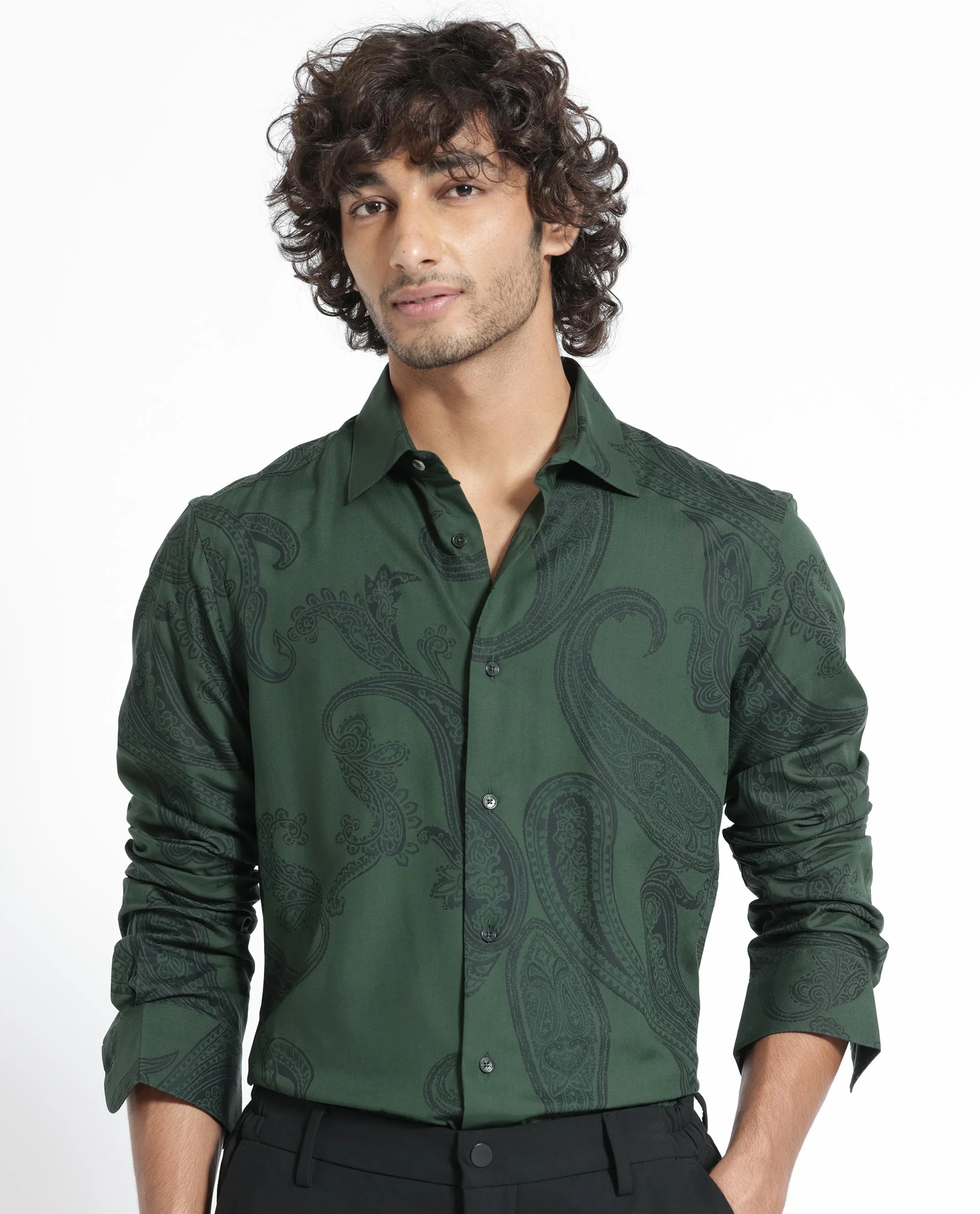 Rare Rabbit Men's Ares Green Viscose Paisley Print Regular Fit Full Sleeve Collared Shirt - Image 2
