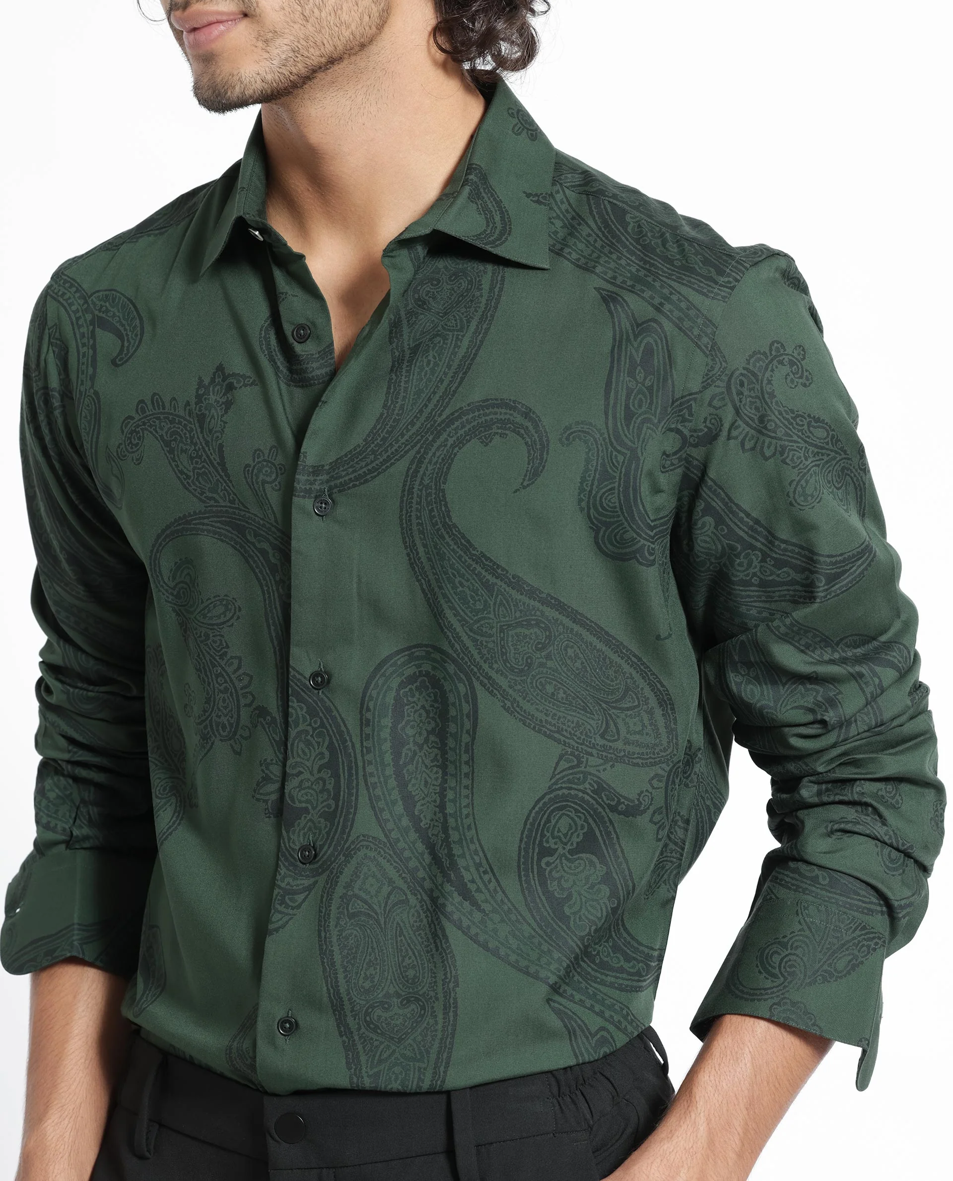 Rare Rabbit Men's Ares Green Viscose Paisley Print Regular Fit Full Sleeve Collared Shirt - Image 5