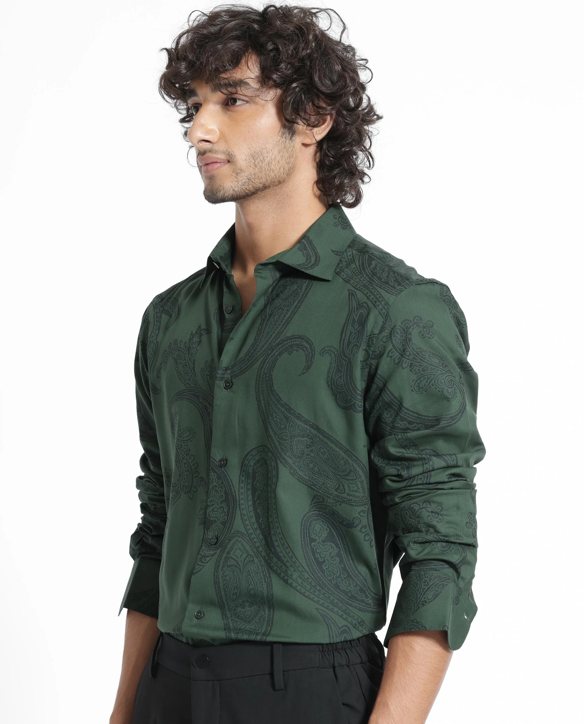 Rare Rabbit Men's Ares Green Viscose Paisley Print Regular Fit Full Sleeve Collared Shirt - Image 6