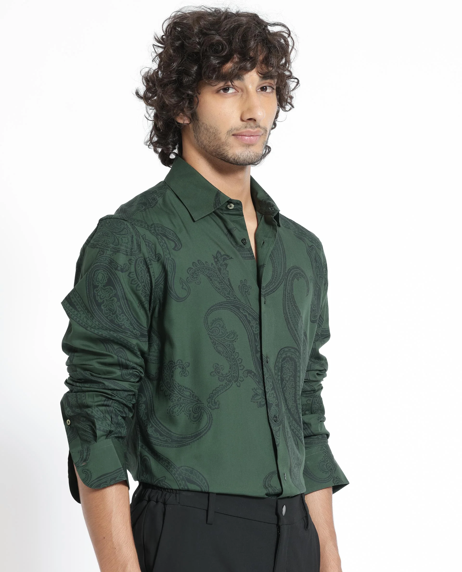 Rare Rabbit Men's Ares Green Viscose Paisley Print Regular Fit Full Sleeve Collared Shirt - Image 8