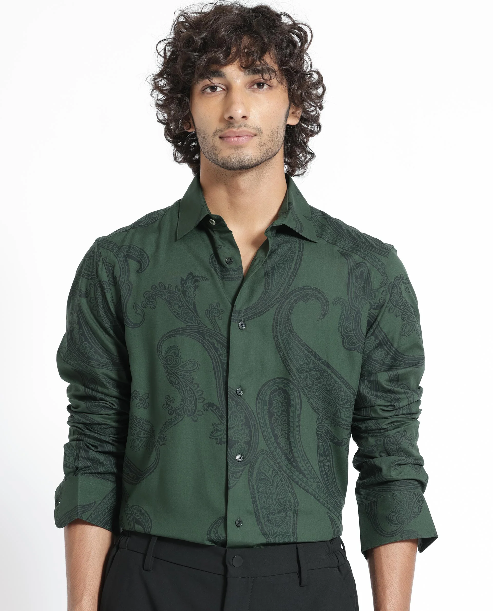 Rare Rabbit Men's Ares Green Viscose Paisley Print Regular Fit Full Sleeve Collared Shirt - Image 9