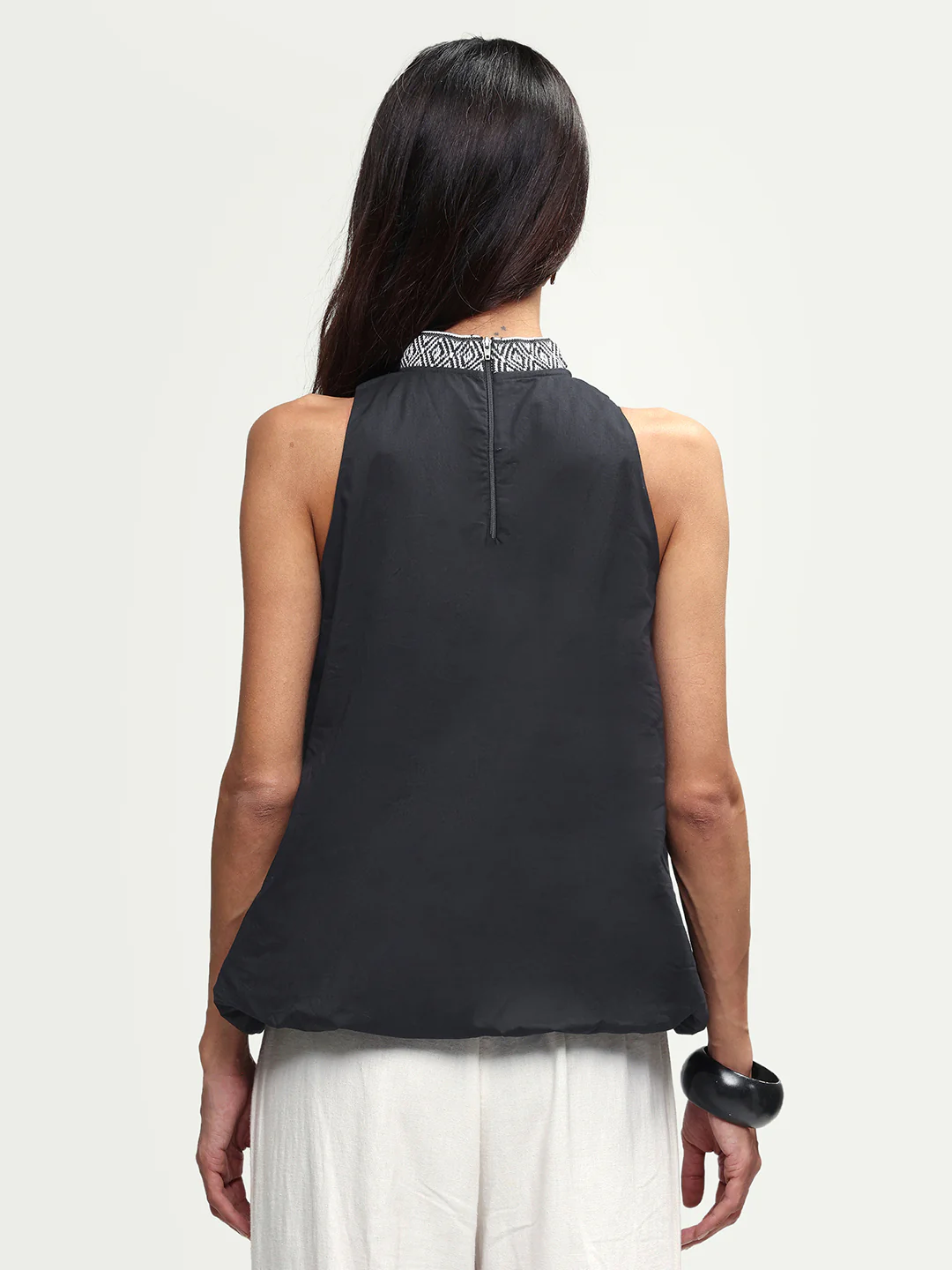 Rareism Women's Arezzo-T Black Cotton Mandarin Collar Plain Sleeveless Balloon Top - Image 7