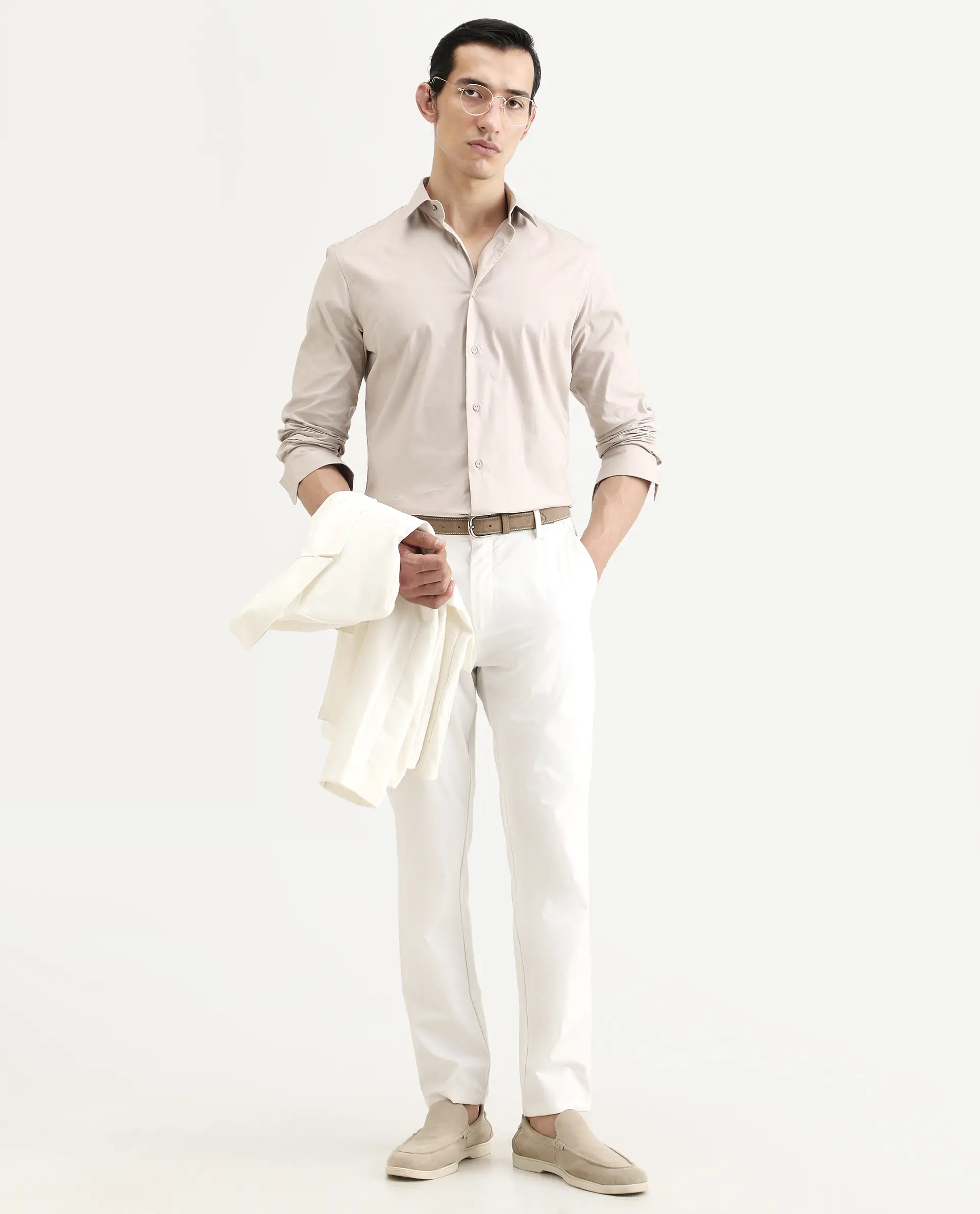 Rare Rabbit Men's Argue Light Beige Cotton Blend Fabric Full Sleeve Spread Collar Regular Fit Plain Shirt - Image 2