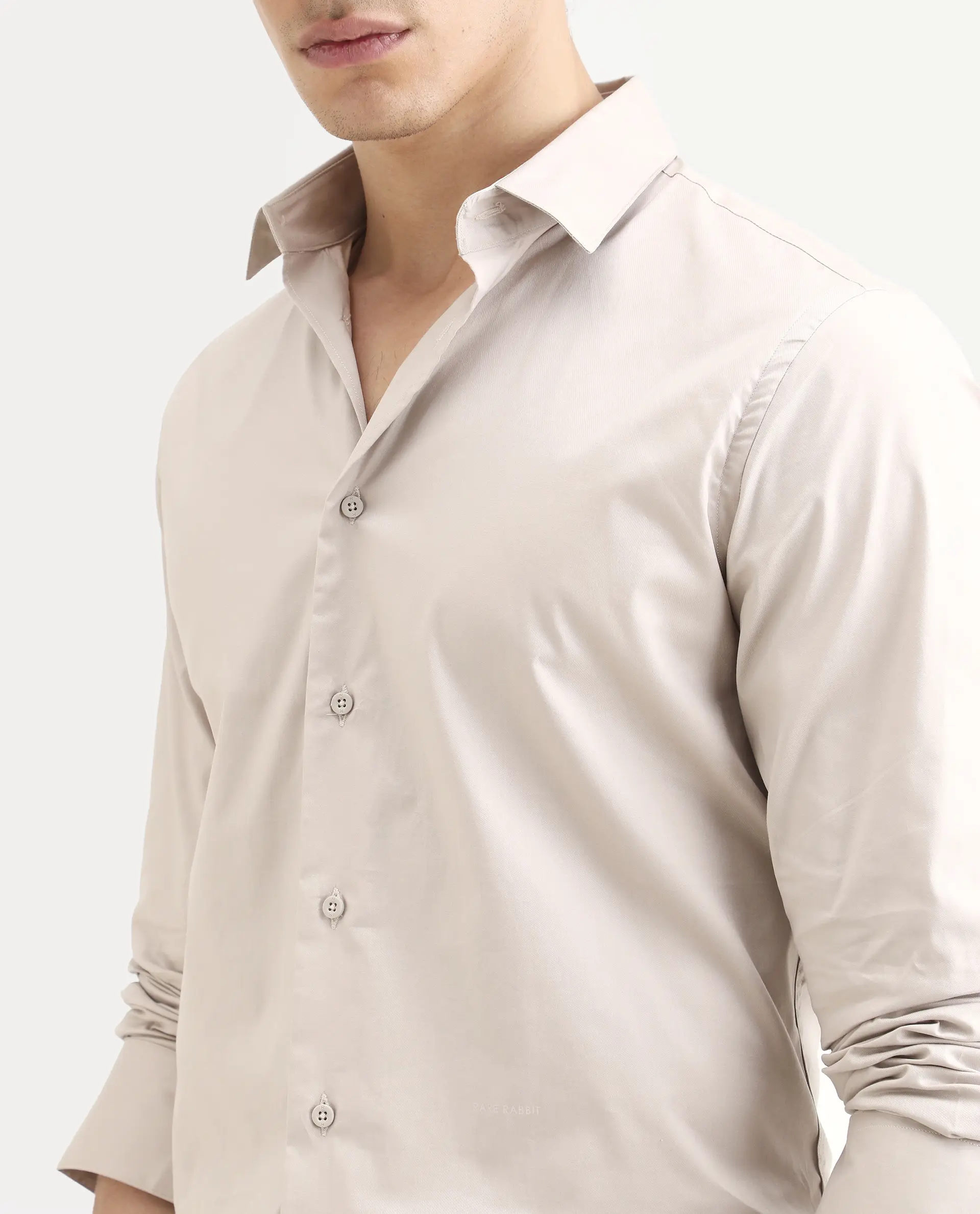 Rare Rabbit Men's Argue Light Beige Cotton Blend Fabric Full Sleeve Spread Collar Regular Fit Plain Shirt - Image 3