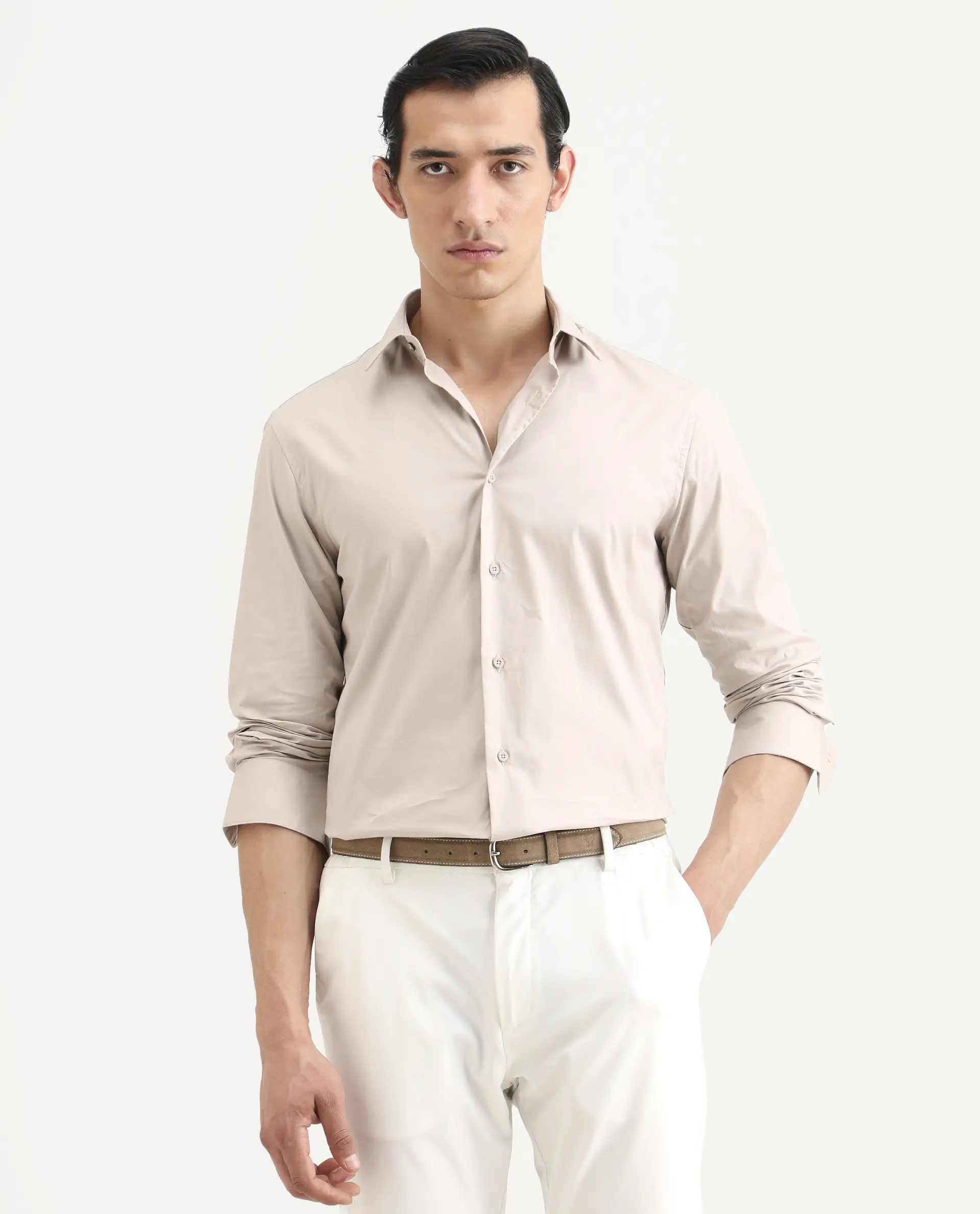Rare Rabbit Men's Argue Light Beige Cotton Blend Fabric Full Sleeve Spread Collar Regular Fit Plain Shirt - Image 4