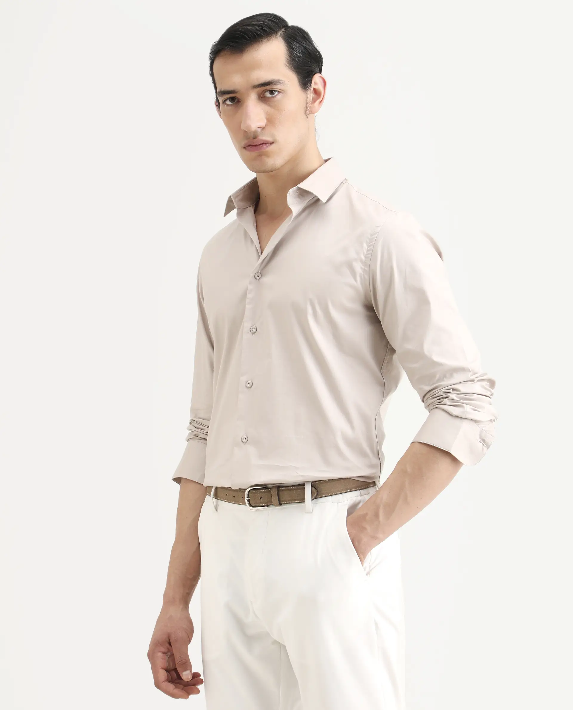Rare Rabbit Men's Argue Light Beige Cotton Blend Fabric Full Sleeve Spread Collar Regular Fit Plain Shirt - Image 5
