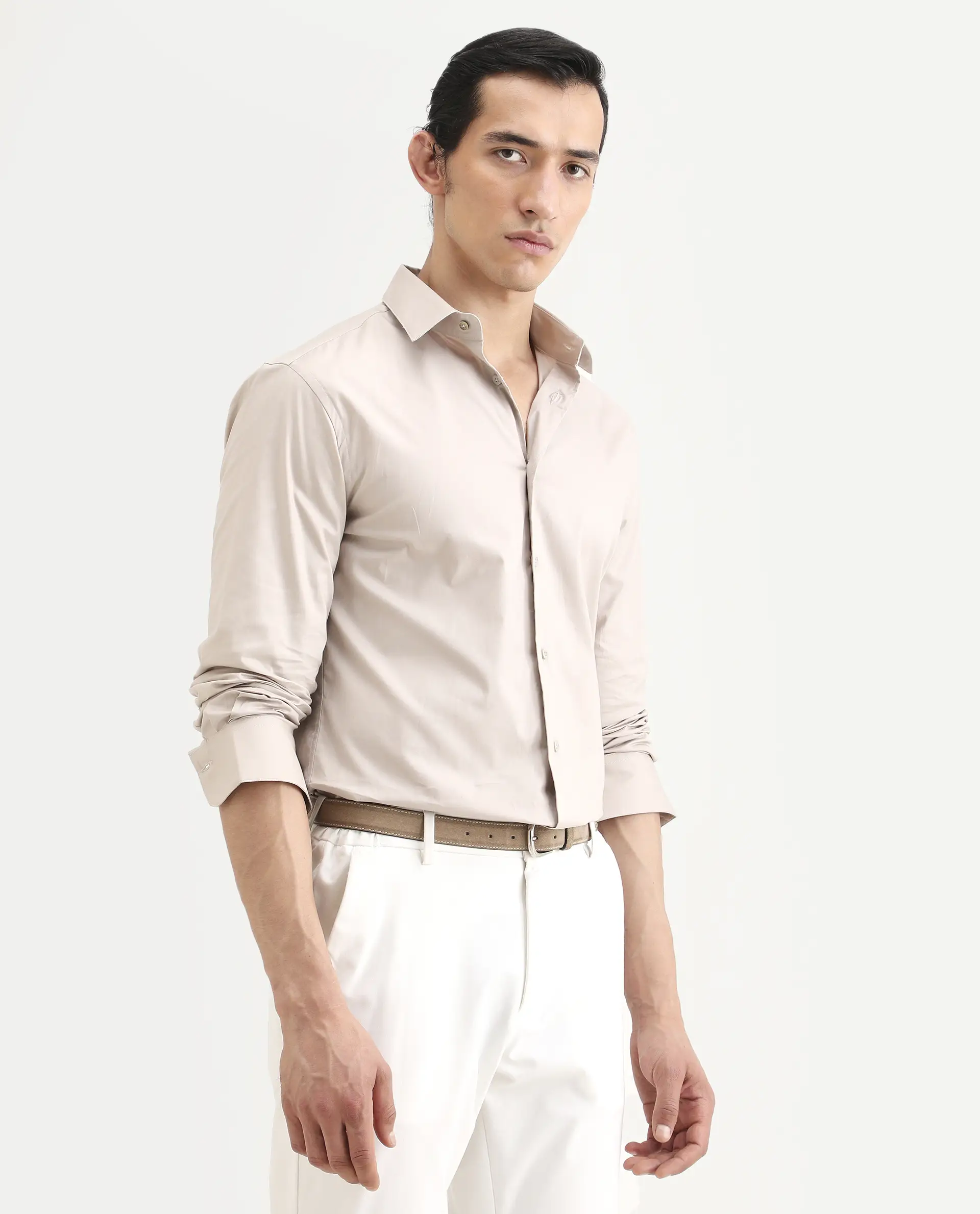 Rare Rabbit Men's Argue Light Beige Cotton Blend Fabric Full Sleeve Spread Collar Regular Fit Plain Shirt - Image 6
