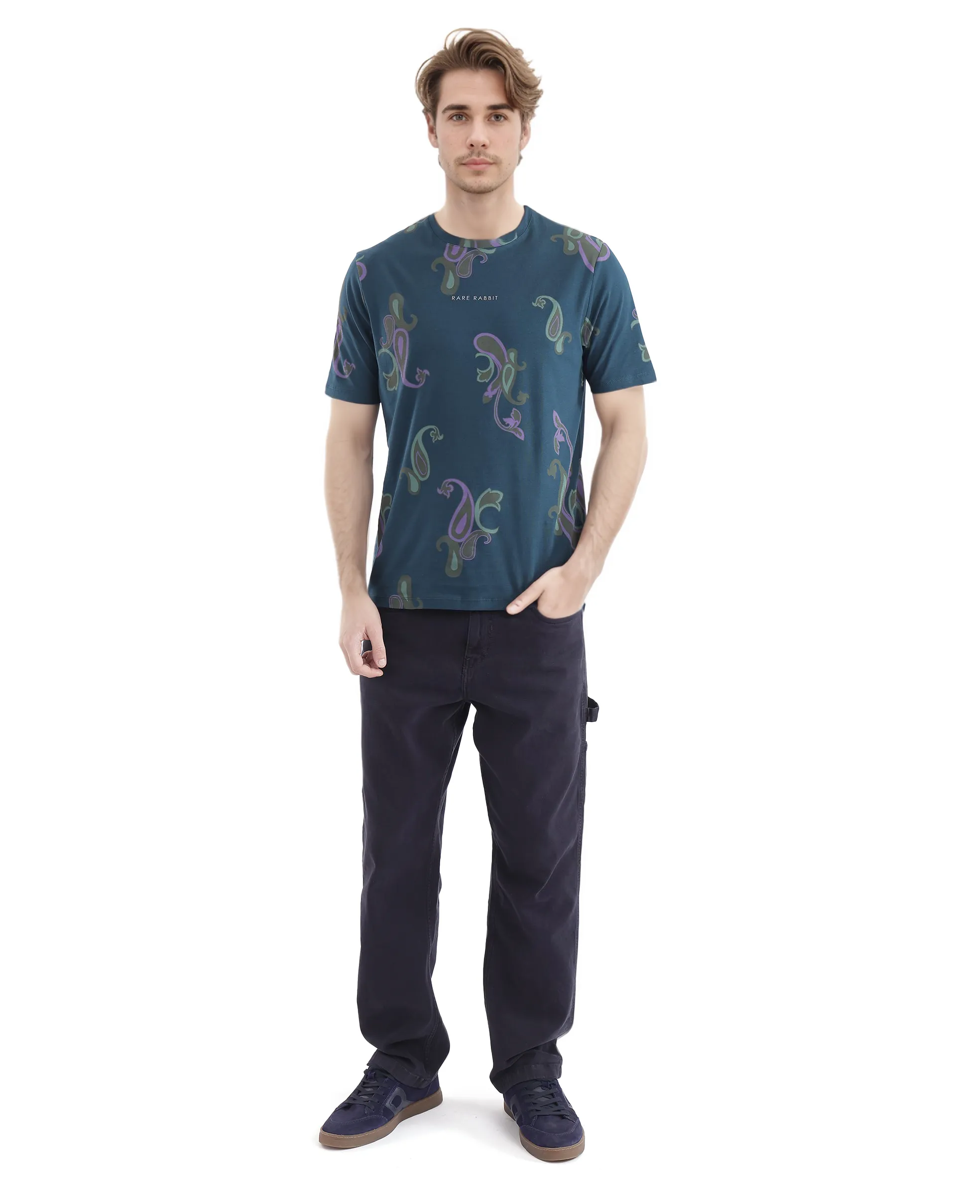Rare Rabbit Men's Argus-1 Petrol Cotton Blend Paisley Print Regular Fit Half Sleeve Crew Neck T-Shirt - Image 2