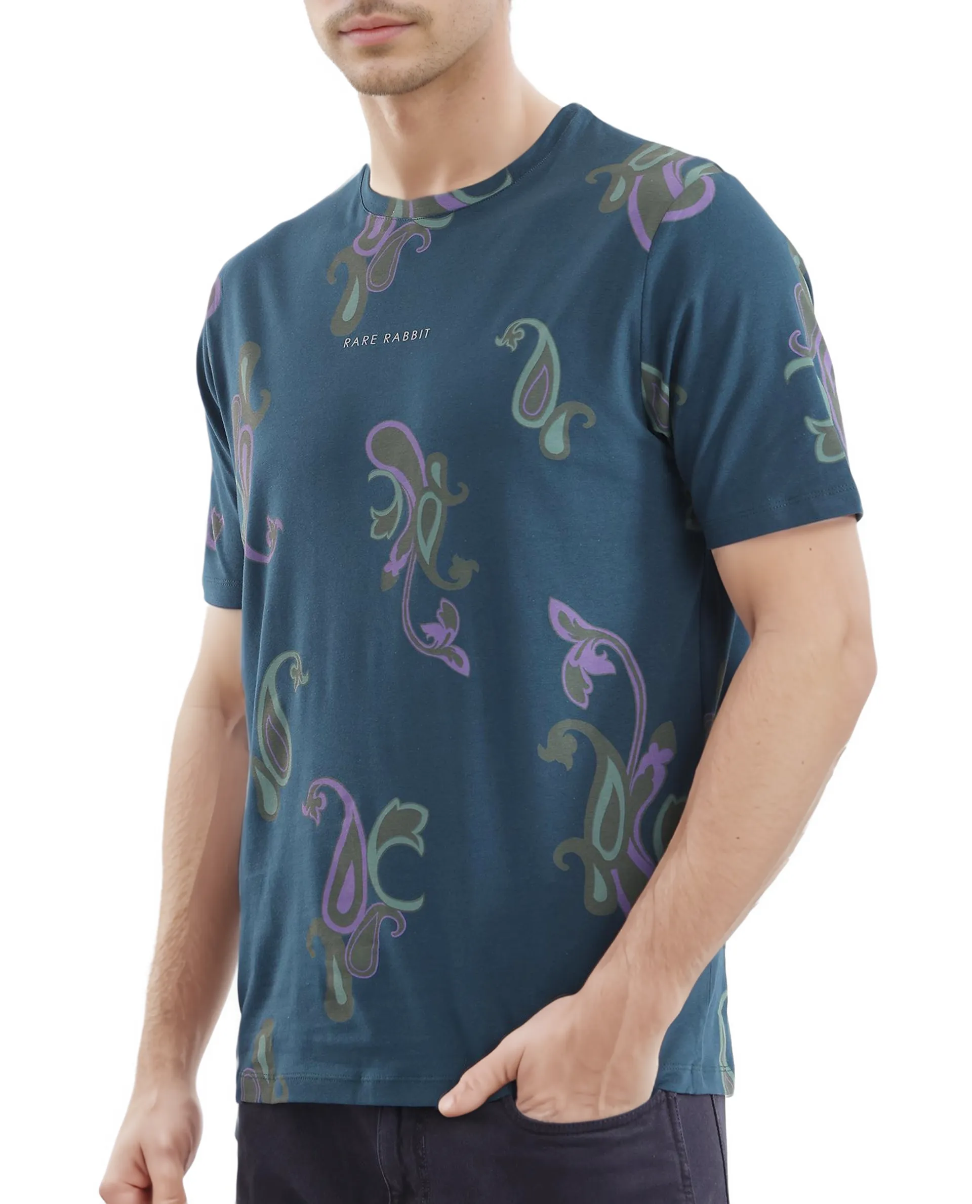 Rare Rabbit Men's Argus-1 Petrol Cotton Blend Paisley Print Regular Fit Half Sleeve Crew Neck T-Shirt - Image 3