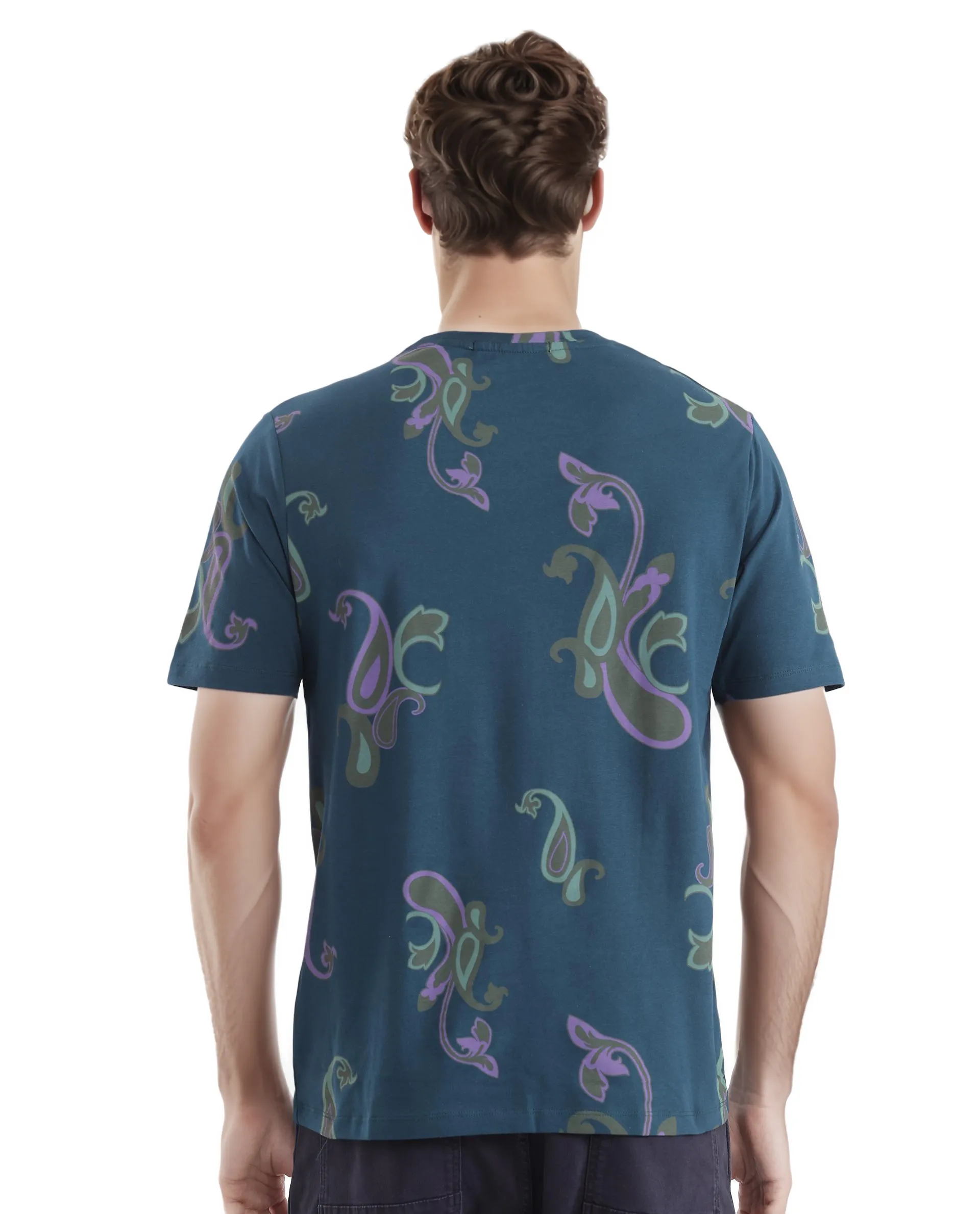 Rare Rabbit Men's Argus-1 Petrol Cotton Blend Paisley Print Regular Fit Half Sleeve Crew Neck T-Shirt - Image 4