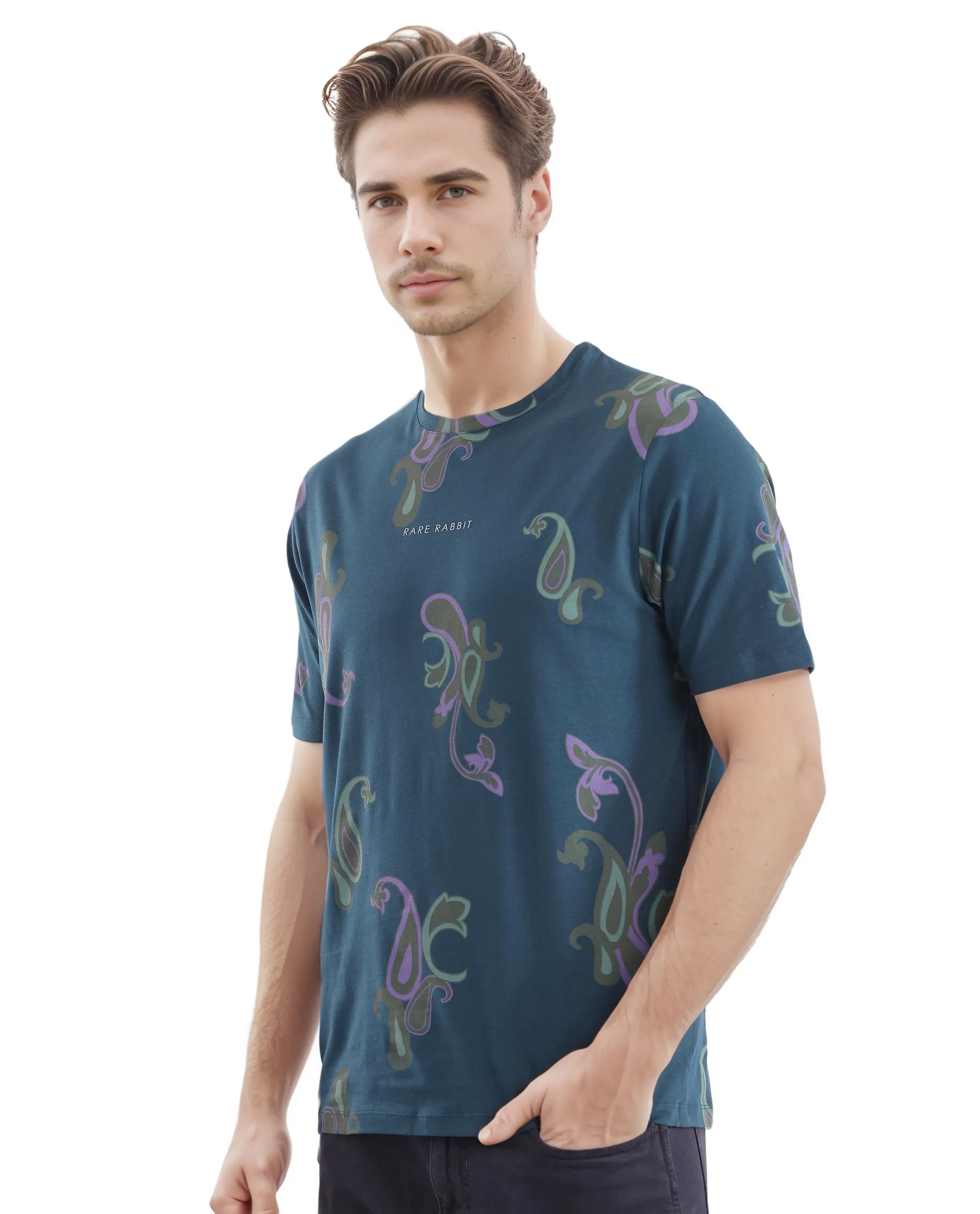 Rare Rabbit Men's Argus-1 Petrol Cotton Blend Paisley Print Regular Fit Half Sleeve Crew Neck T-Shirt - Image 5