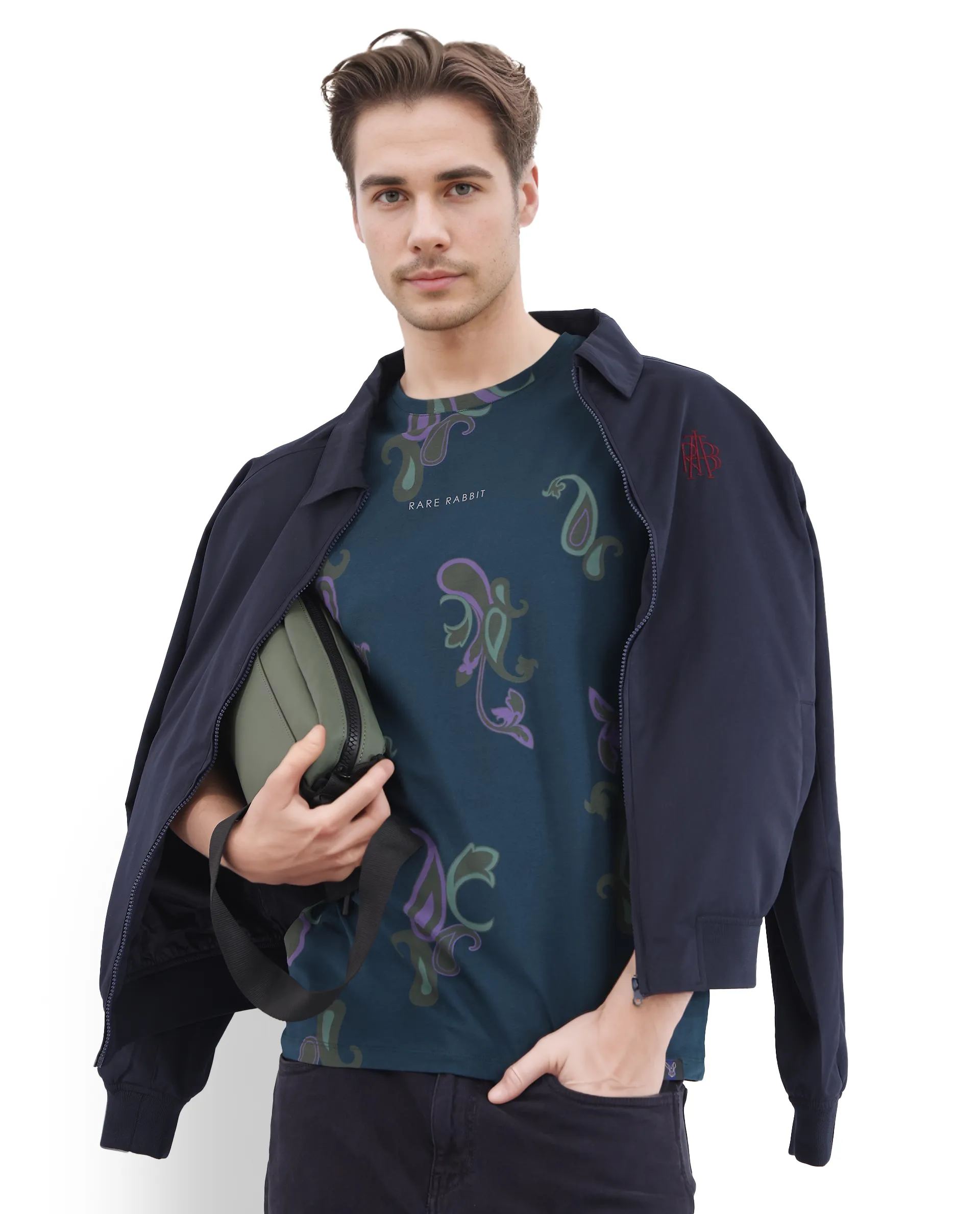 Rare Rabbit Men's Argus-1 Petrol Cotton Blend Paisley Print Regular Fit Half Sleeve Crew Neck T-Shirt - Image 6