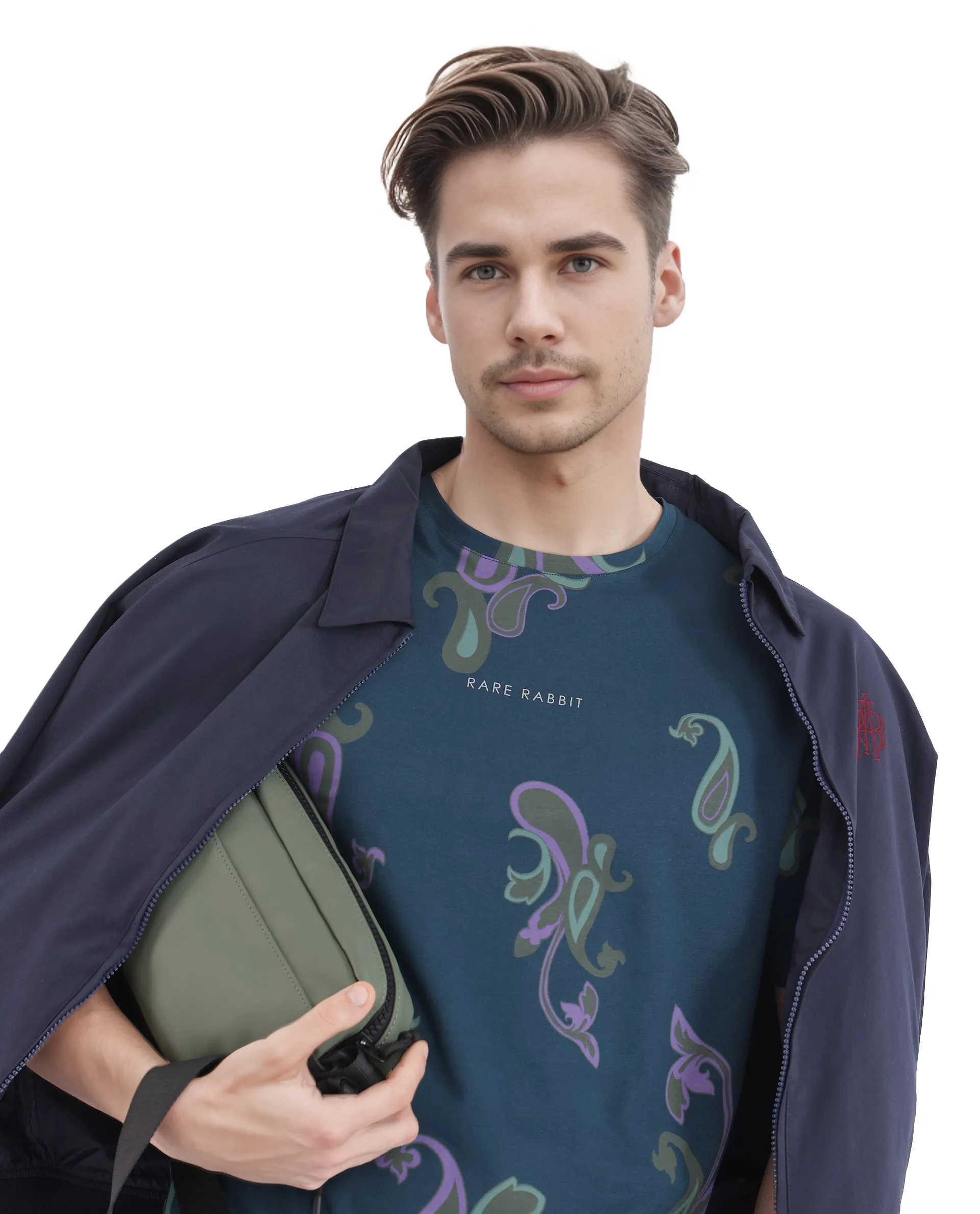 Rare Rabbit Men's Argus-1 Petrol Cotton Blend Paisley Print Regular Fit Half Sleeve Crew Neck T-Shirt - Image 7
