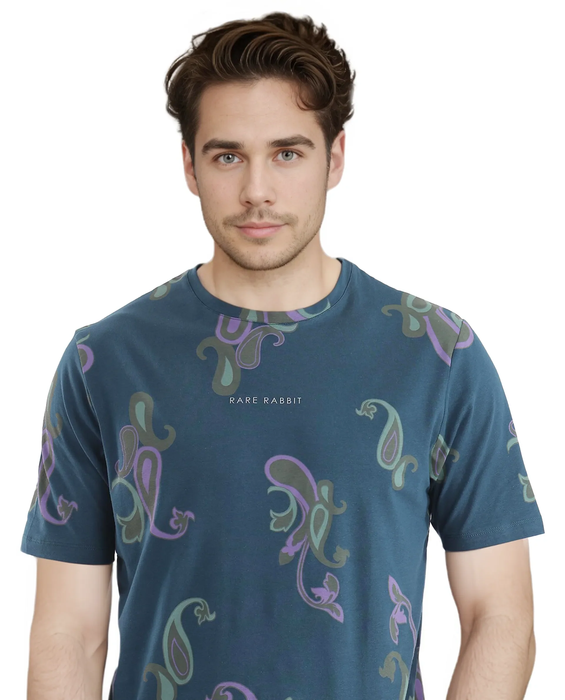 Rare Rabbit Men's Argus-1 Petrol Cotton Blend Paisley Print Regular Fit Half Sleeve Crew Neck T-Shirt - Image 8