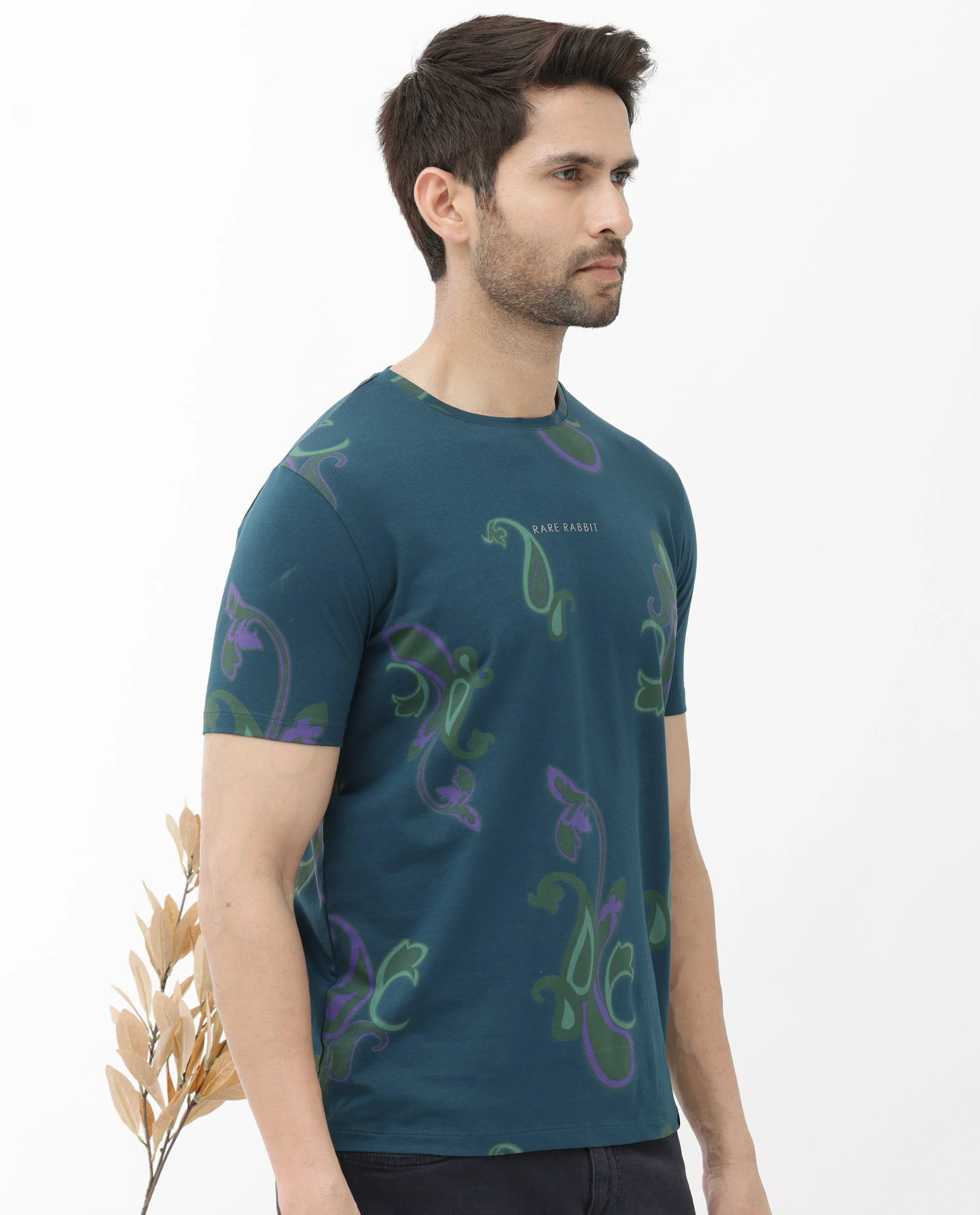 Rare Rabbit Men's Argus Petrol Cotton Blend Graphic Print Regular Fit Half Sleeve Crew Neck T-Shirt - Image 10