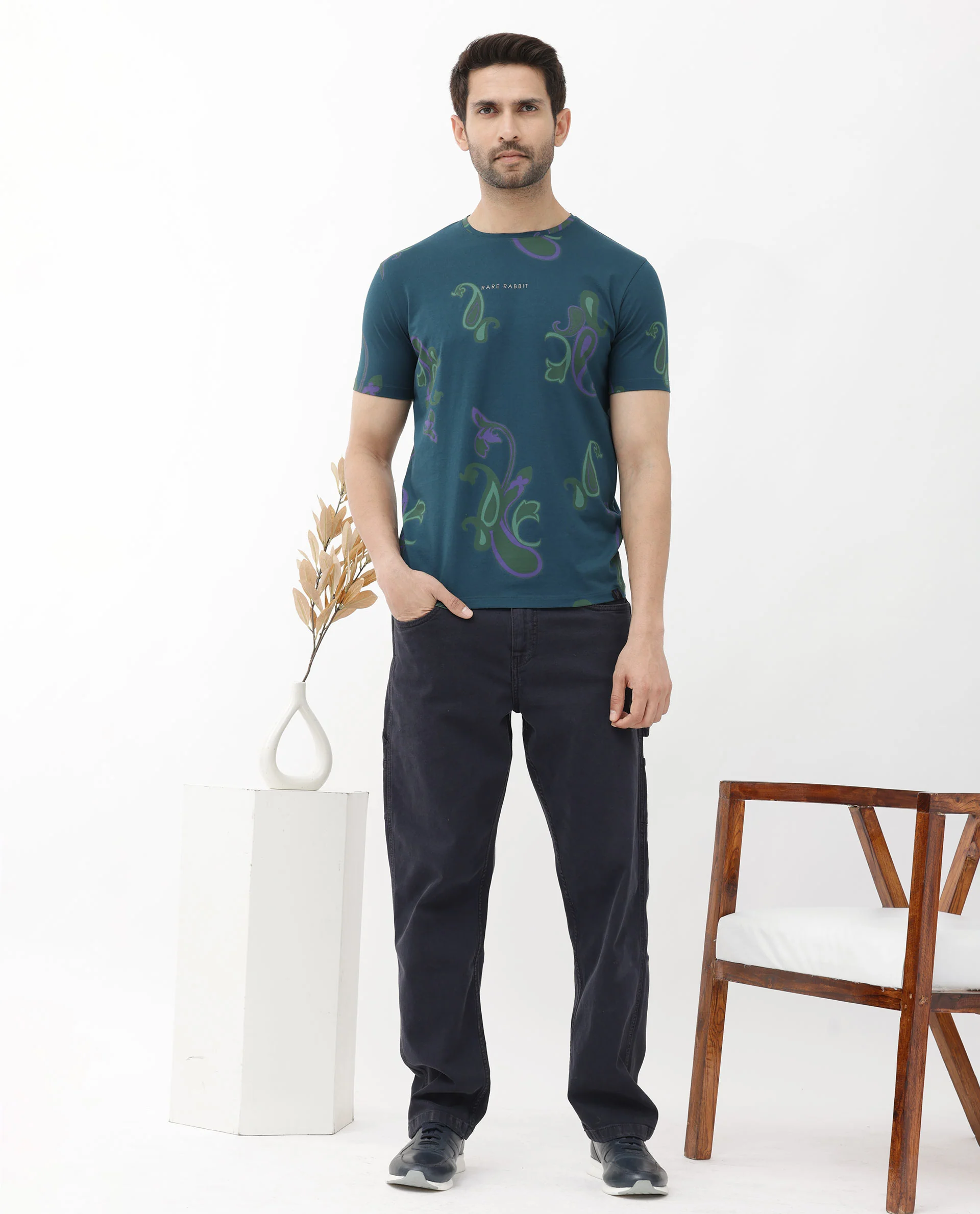 Rare Rabbit Men's Argus Petrol Cotton Blend Graphic Print Regular Fit Half Sleeve Crew Neck T-Shirt - Image 2
