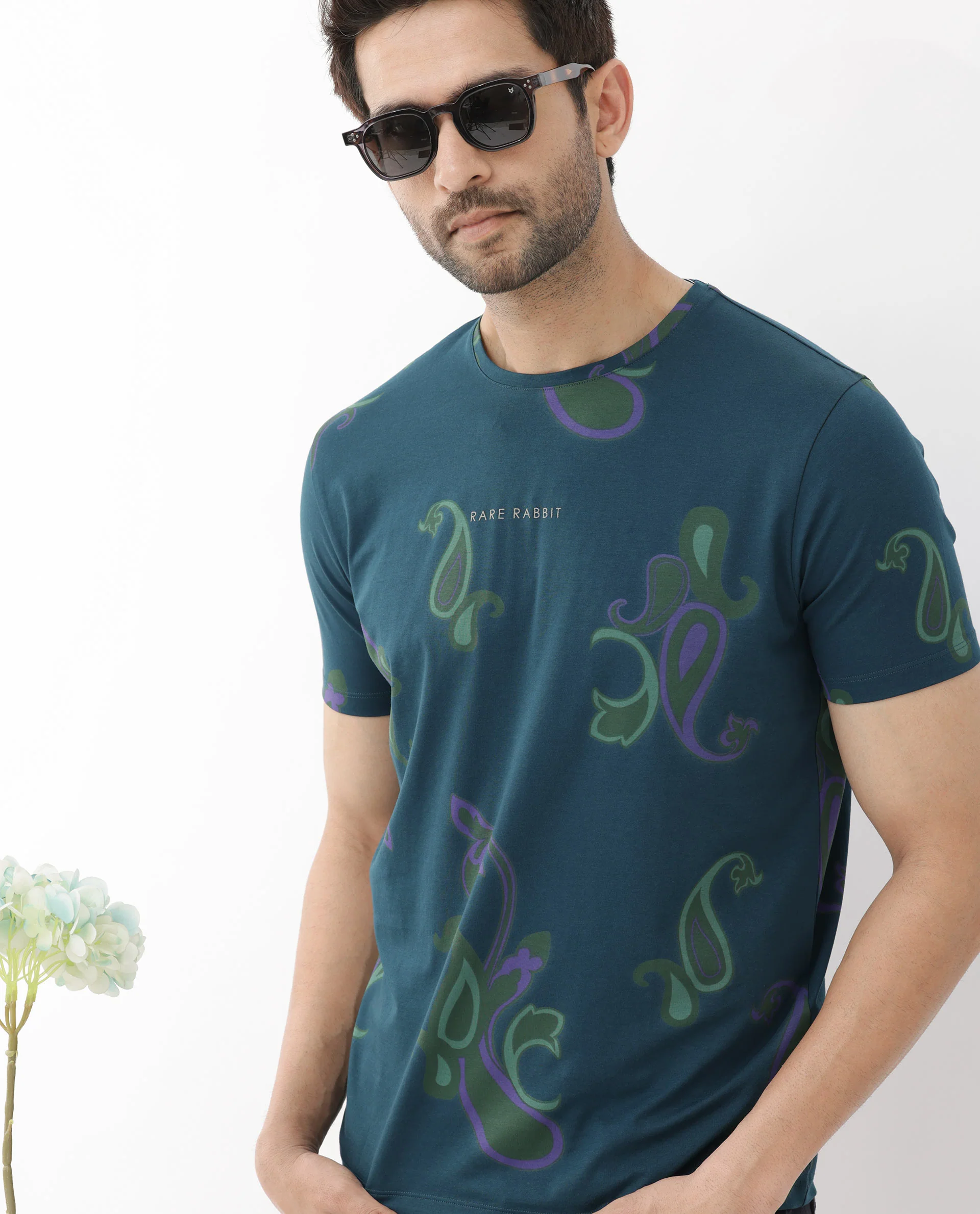 Rare Rabbit Men's Argus Petrol Cotton Blend Graphic Print Regular Fit Half Sleeve Crew Neck T-Shirt - Image 3