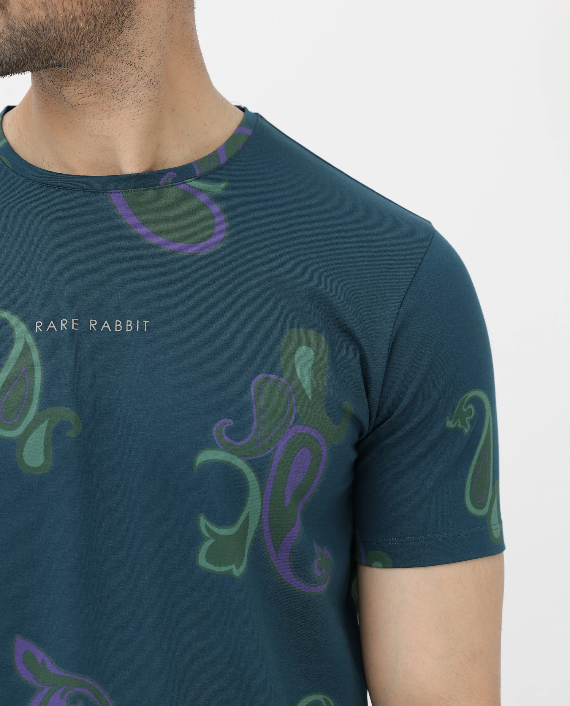 Rare Rabbit Men's Argus Petrol Cotton Blend Graphic Print Regular Fit Half Sleeve Crew Neck T-Shirt - Image 4