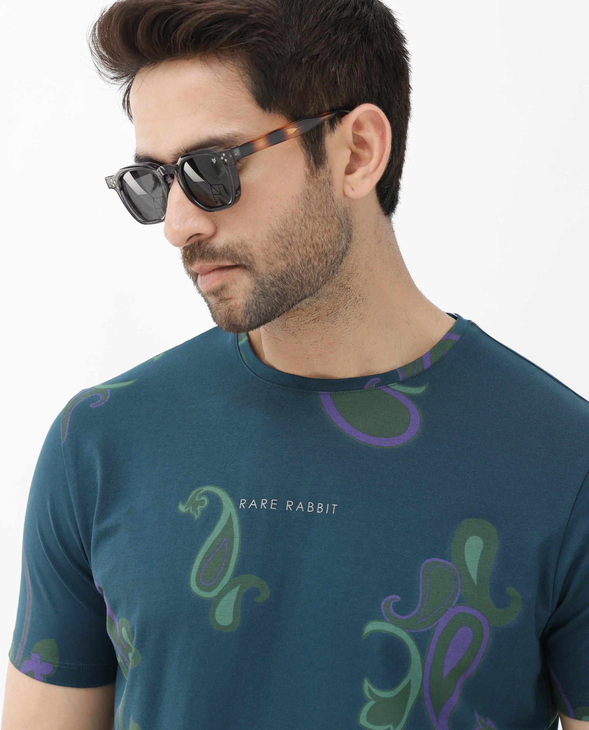 Rare Rabbit Men's Argus Petrol Cotton Blend Graphic Print Regular Fit Half Sleeve Crew Neck T-Shirt - Image 5