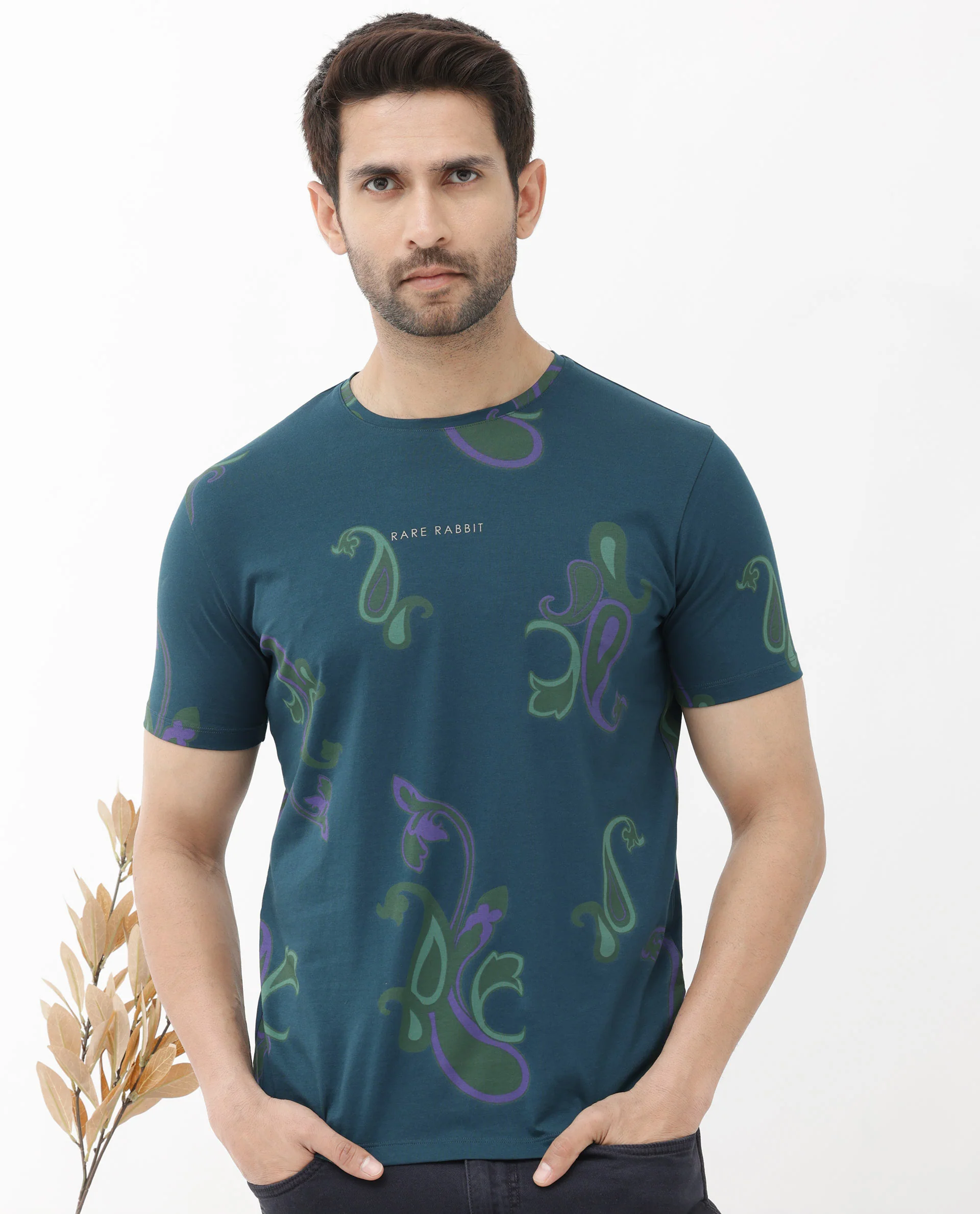 Rare Rabbit Men's Argus Petrol Cotton Blend Graphic Print Regular Fit Half Sleeve Crew Neck T-Shirt - Image 6