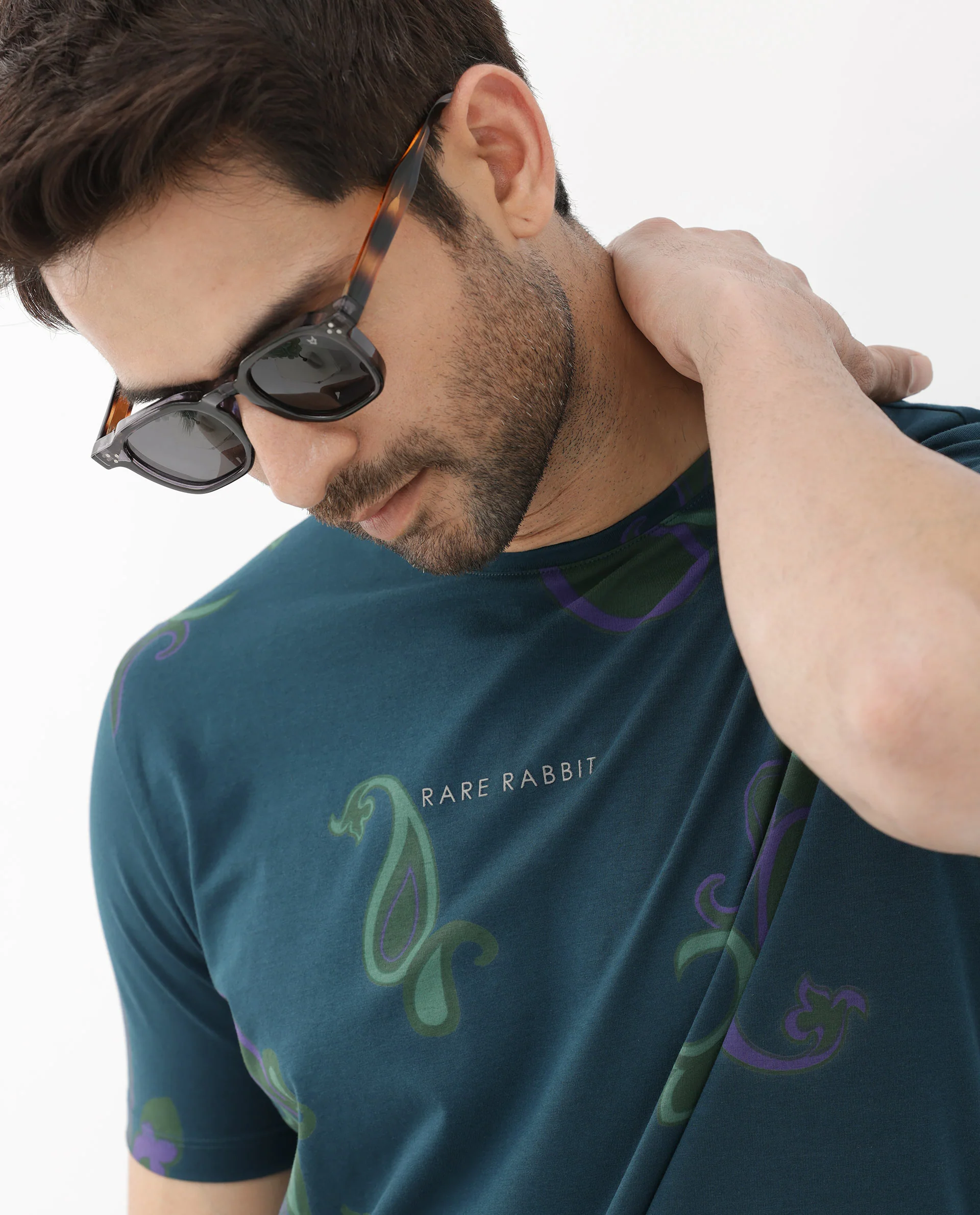 Rare Rabbit Men's Argus Petrol Cotton Blend Graphic Print Regular Fit Half Sleeve Crew Neck T-Shirt - Image 7
