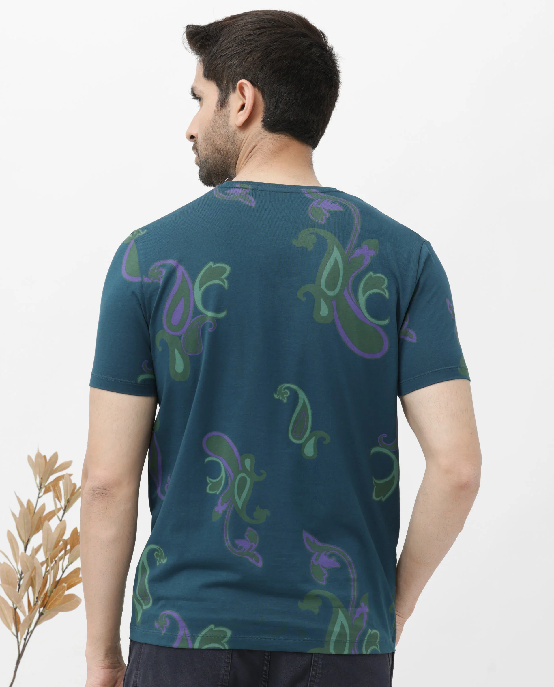 Rare Rabbit Men's Argus Petrol Cotton Blend Graphic Print Regular Fit Half Sleeve Crew Neck T-Shirt - Image 8