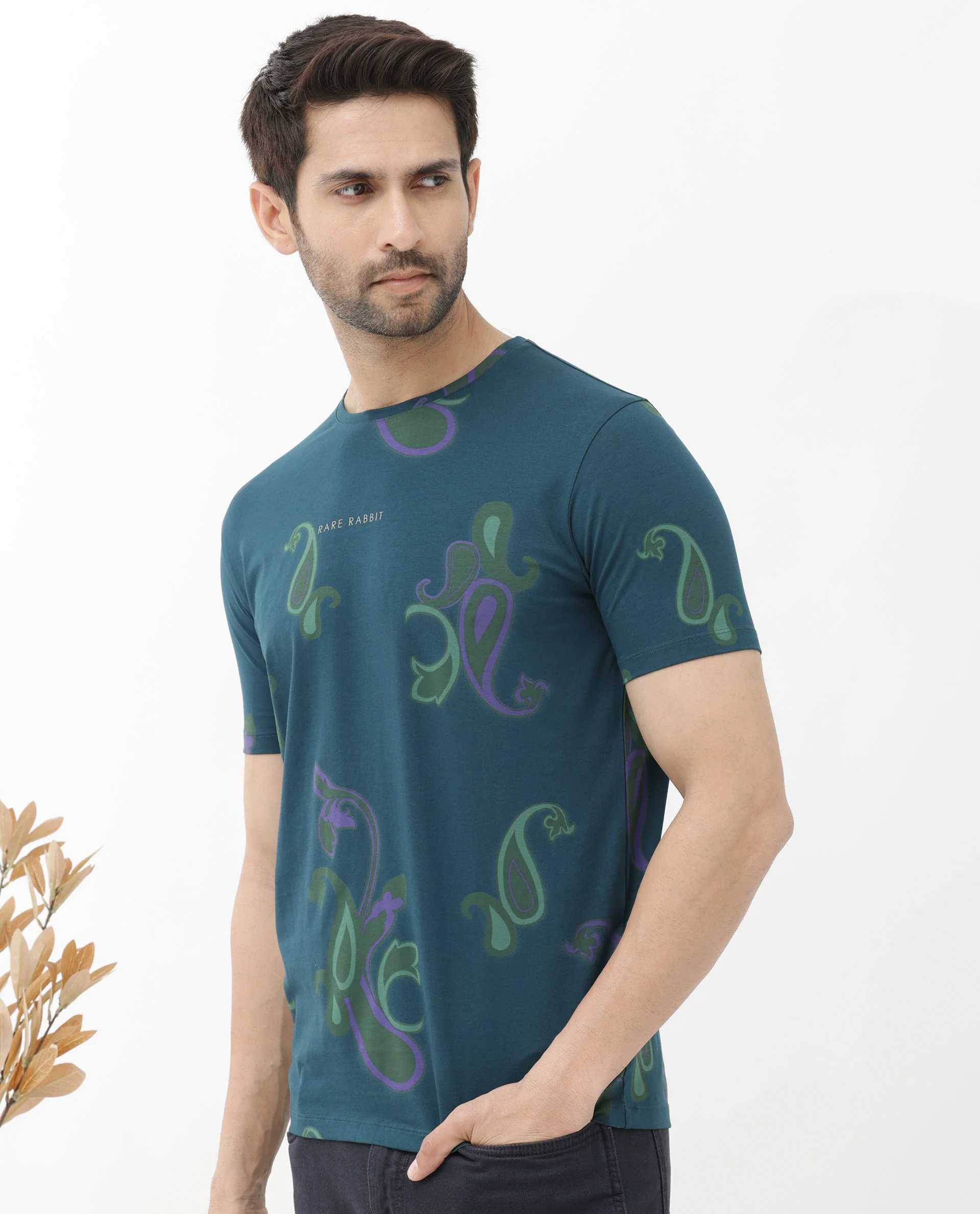 Rare Rabbit Men's Argus Petrol Cotton Blend Graphic Print Regular Fit Half Sleeve Crew Neck T-Shirt - Image 9