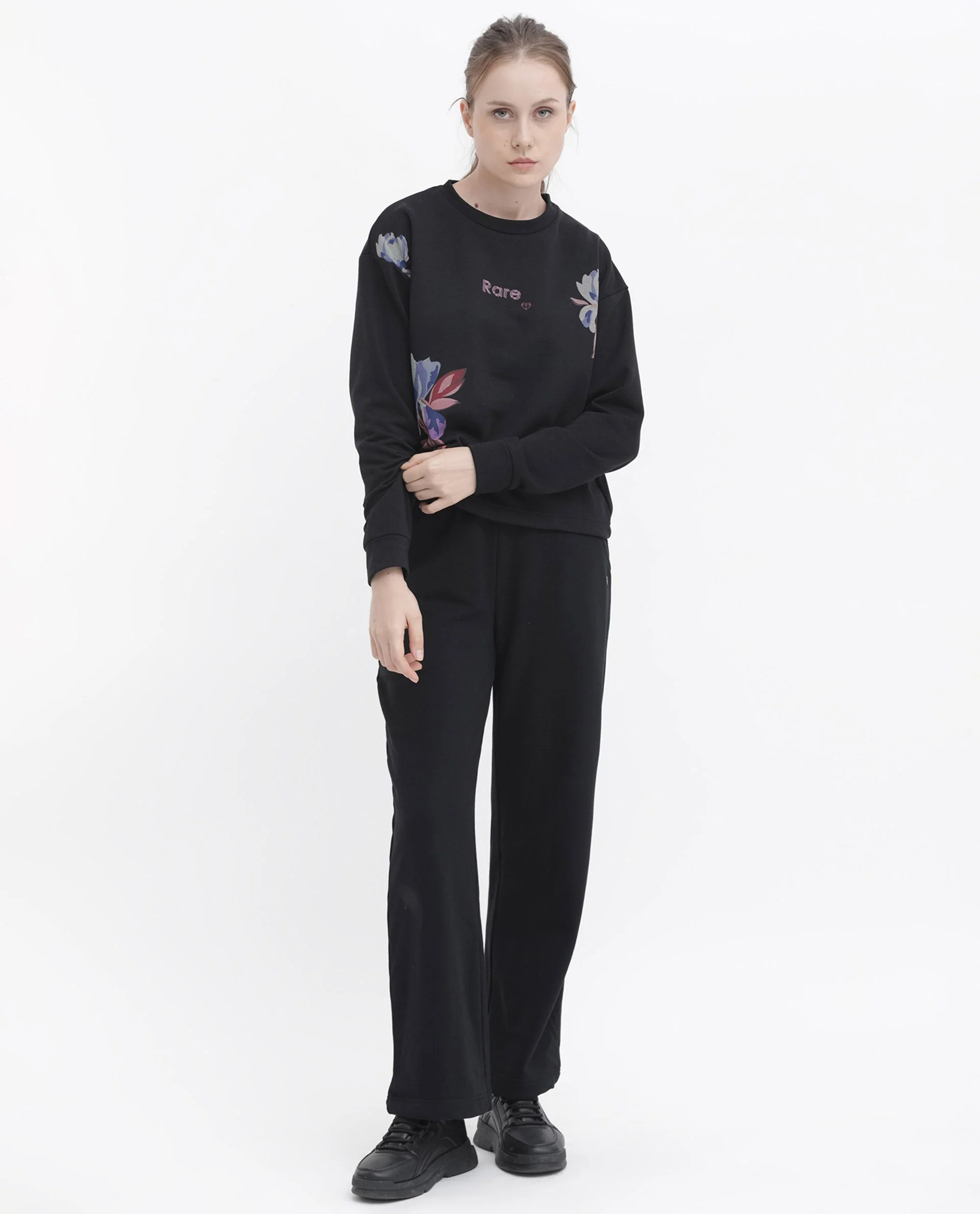Rareism Women's Argyle Black Polyester Blend Crew Neck Graphic Print Regular Fit Sweatshirt - Image 3