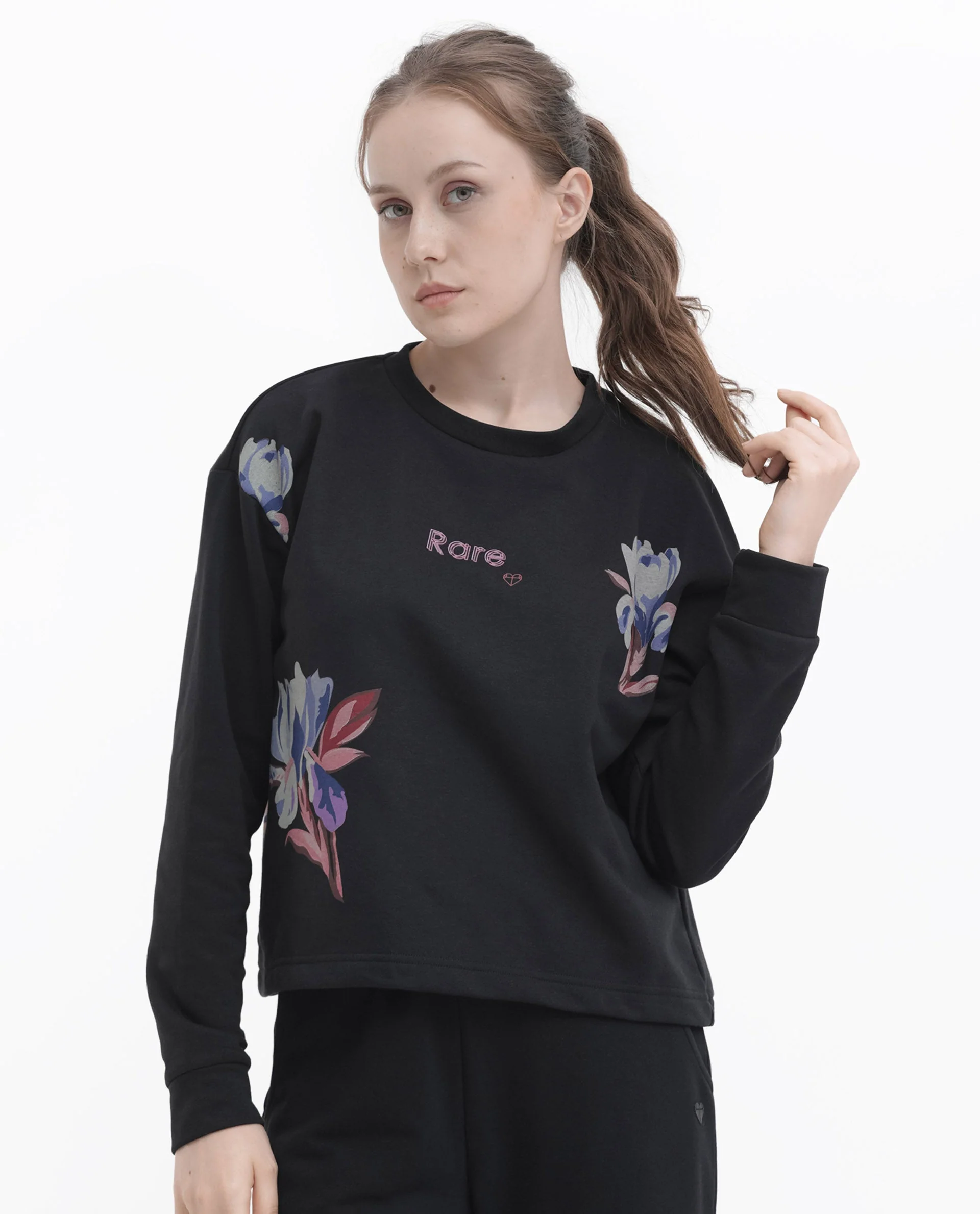Rareism Women's Argyle Black Polyester Blend Crew Neck Graphic Print Regular Fit Sweatshirt - Image 4