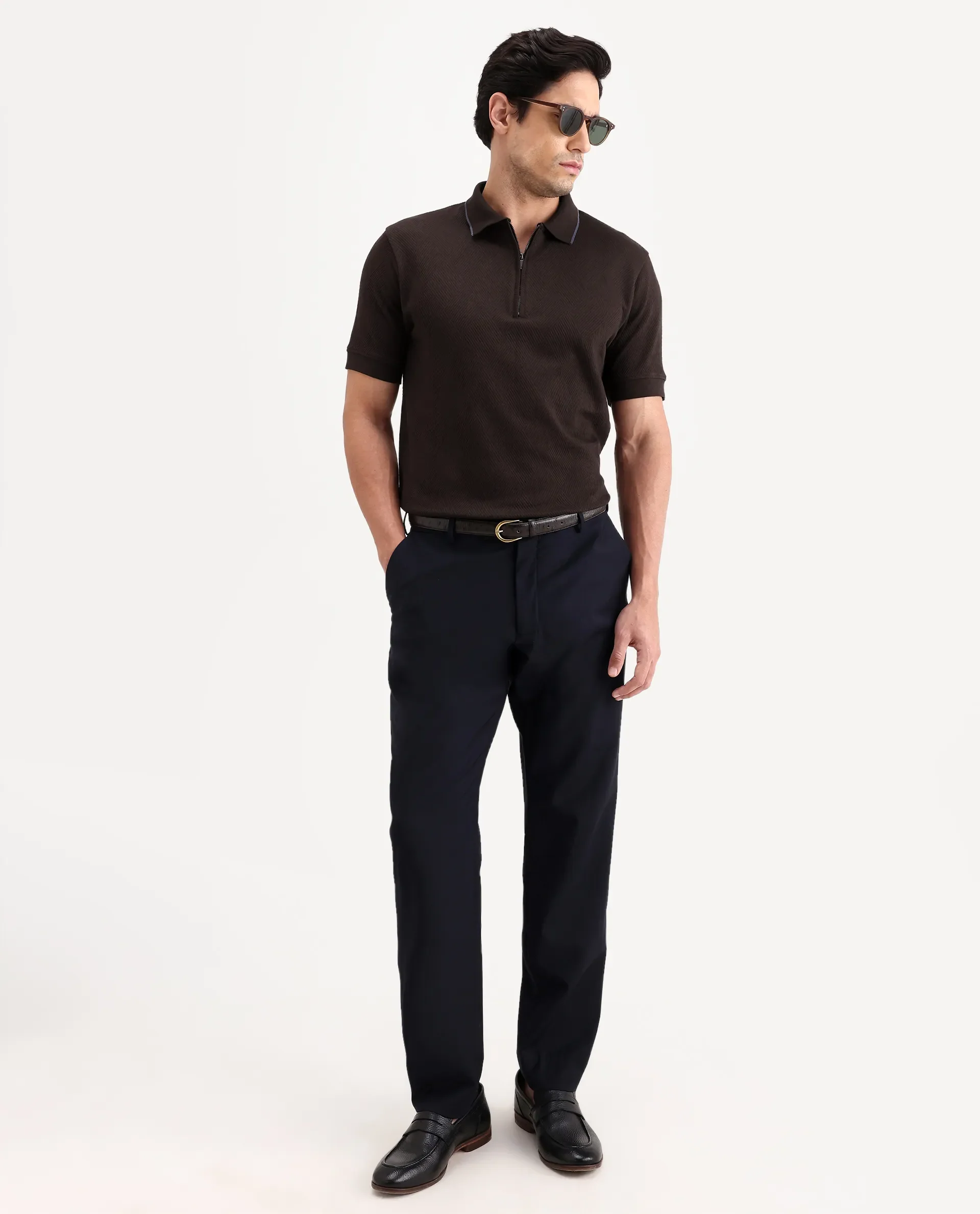 Rare Rabbit Men's Argyn Dark Brown Cotton Fabric Half Sleeve Spread Collar Regular Fit Textured Polo - Image 2
