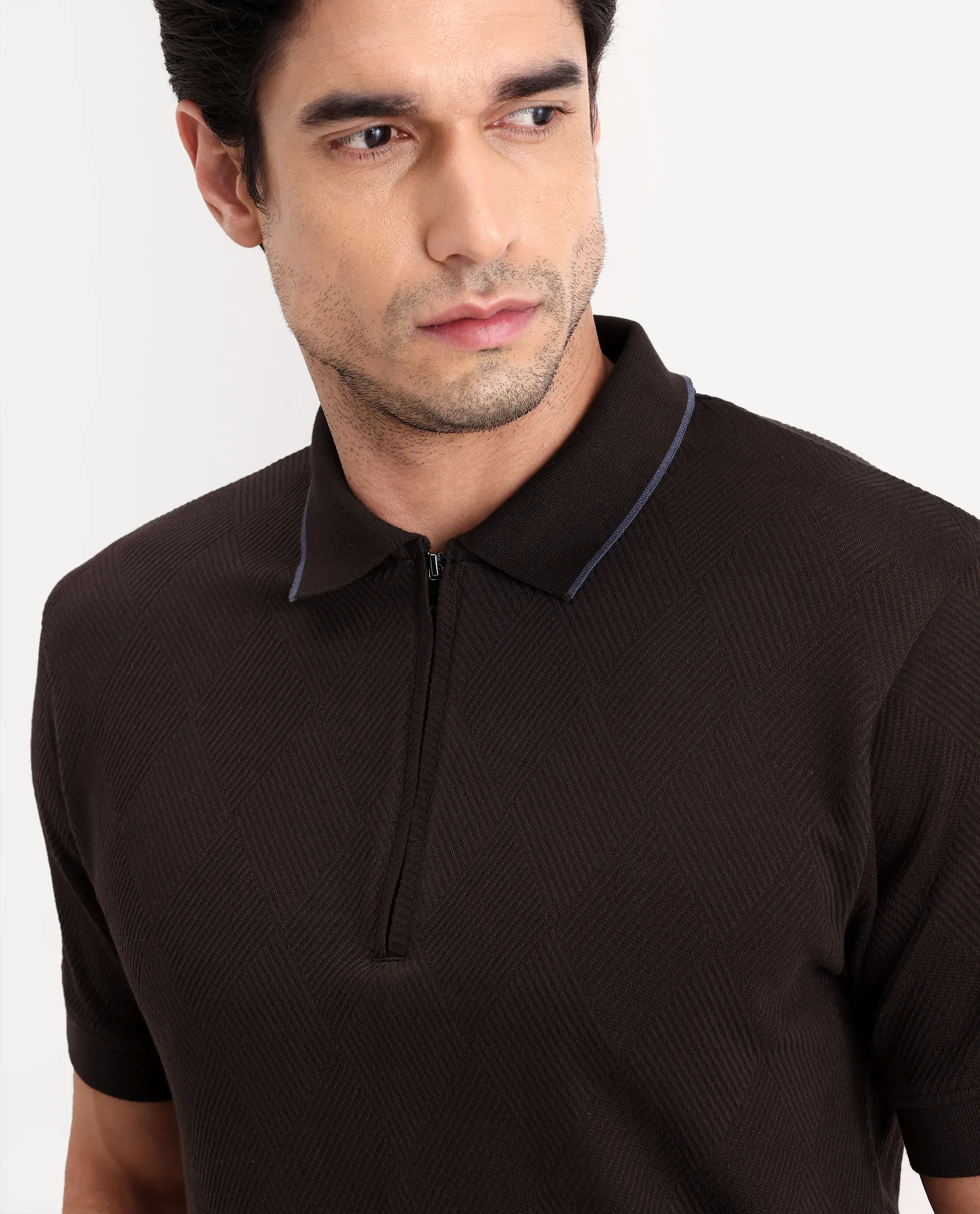 Rare Rabbit Men's Argyn Dark Brown Cotton Fabric Half Sleeve Spread Collar Regular Fit Textured Polo - Image 3