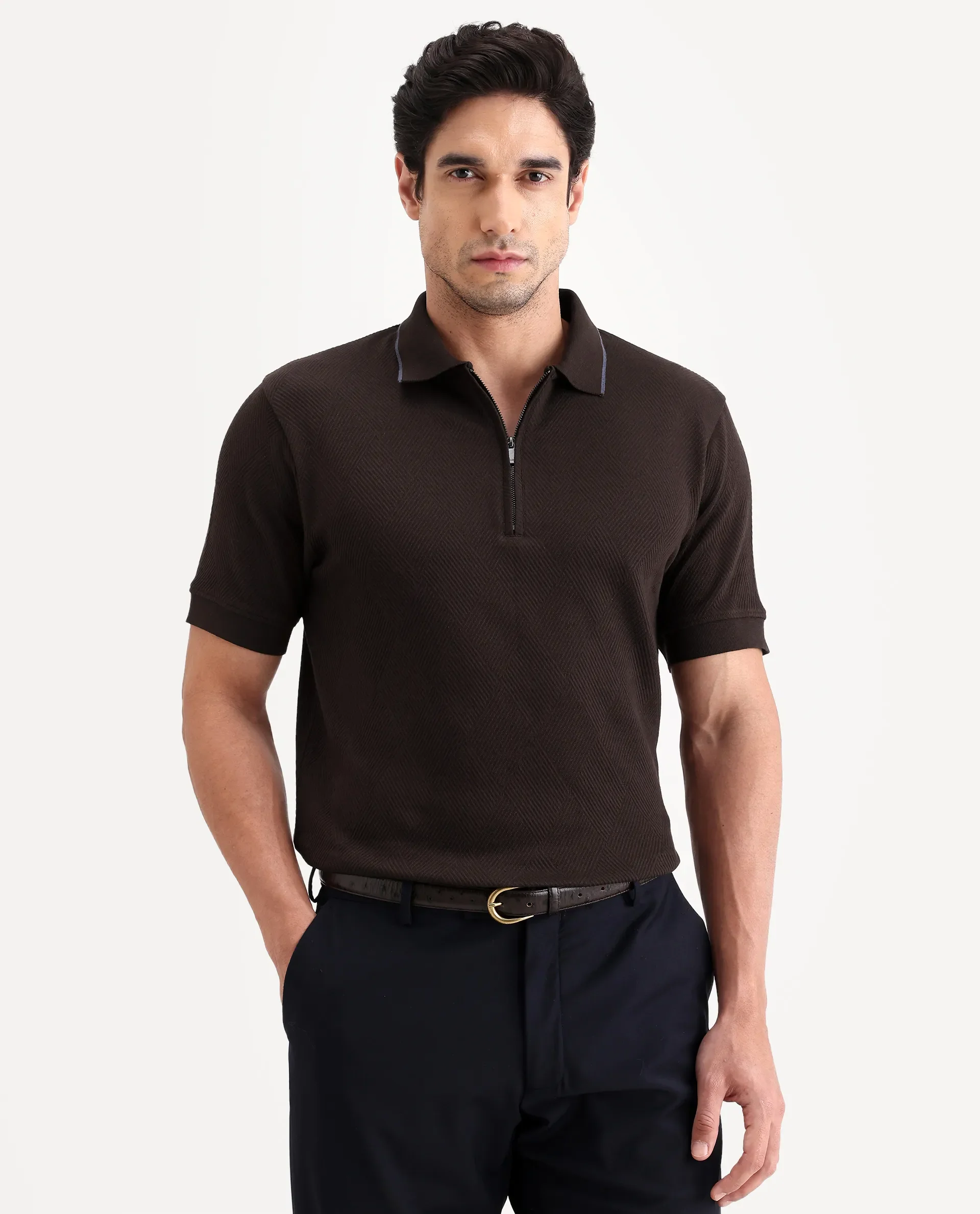 Rare Rabbit Men's Argyn Dark Brown Cotton Fabric Half Sleeve Spread Collar Regular Fit Textured Polo - Image 4