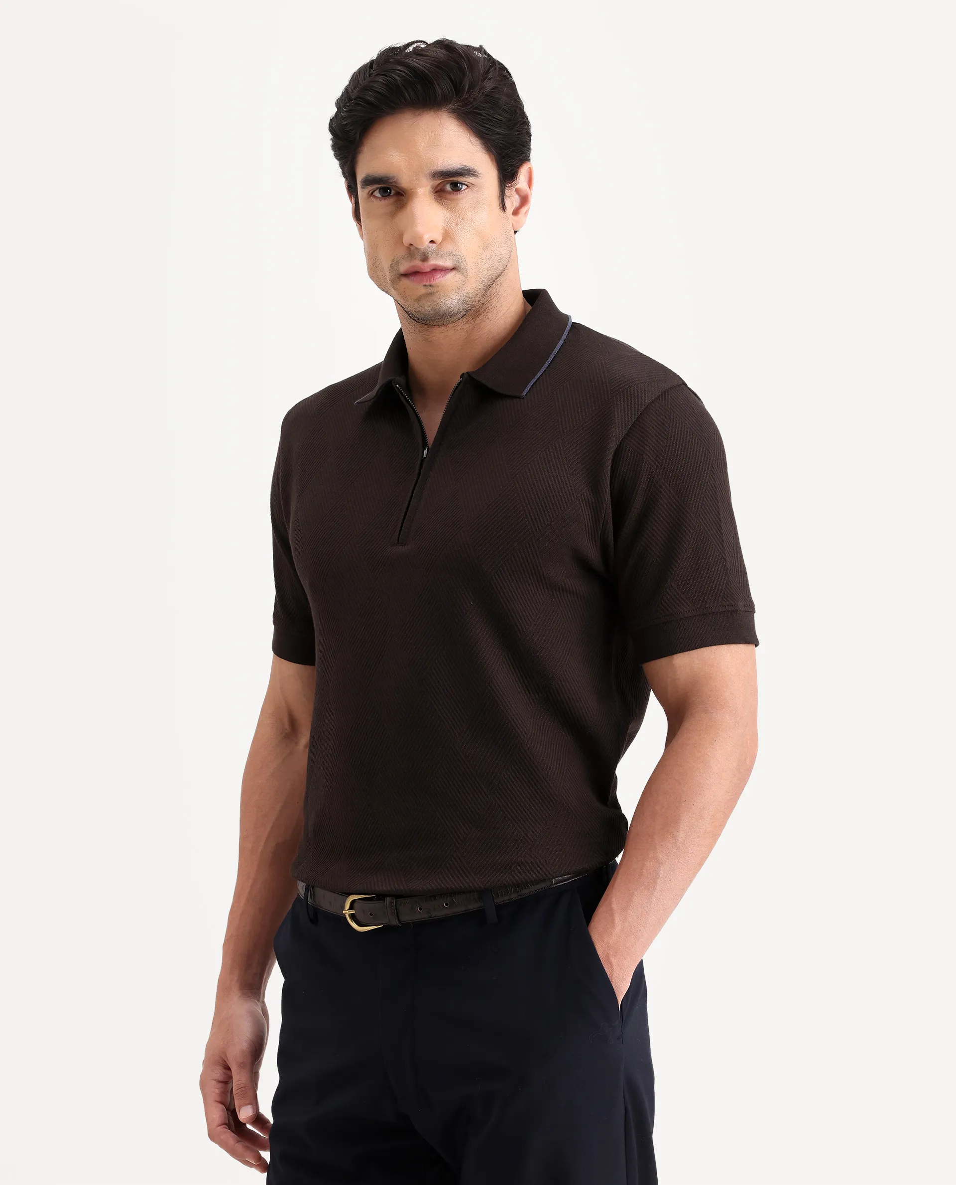 Rare Rabbit Men's Argyn Dark Brown Cotton Fabric Half Sleeve Spread Collar Regular Fit Textured Polo - Image 5
