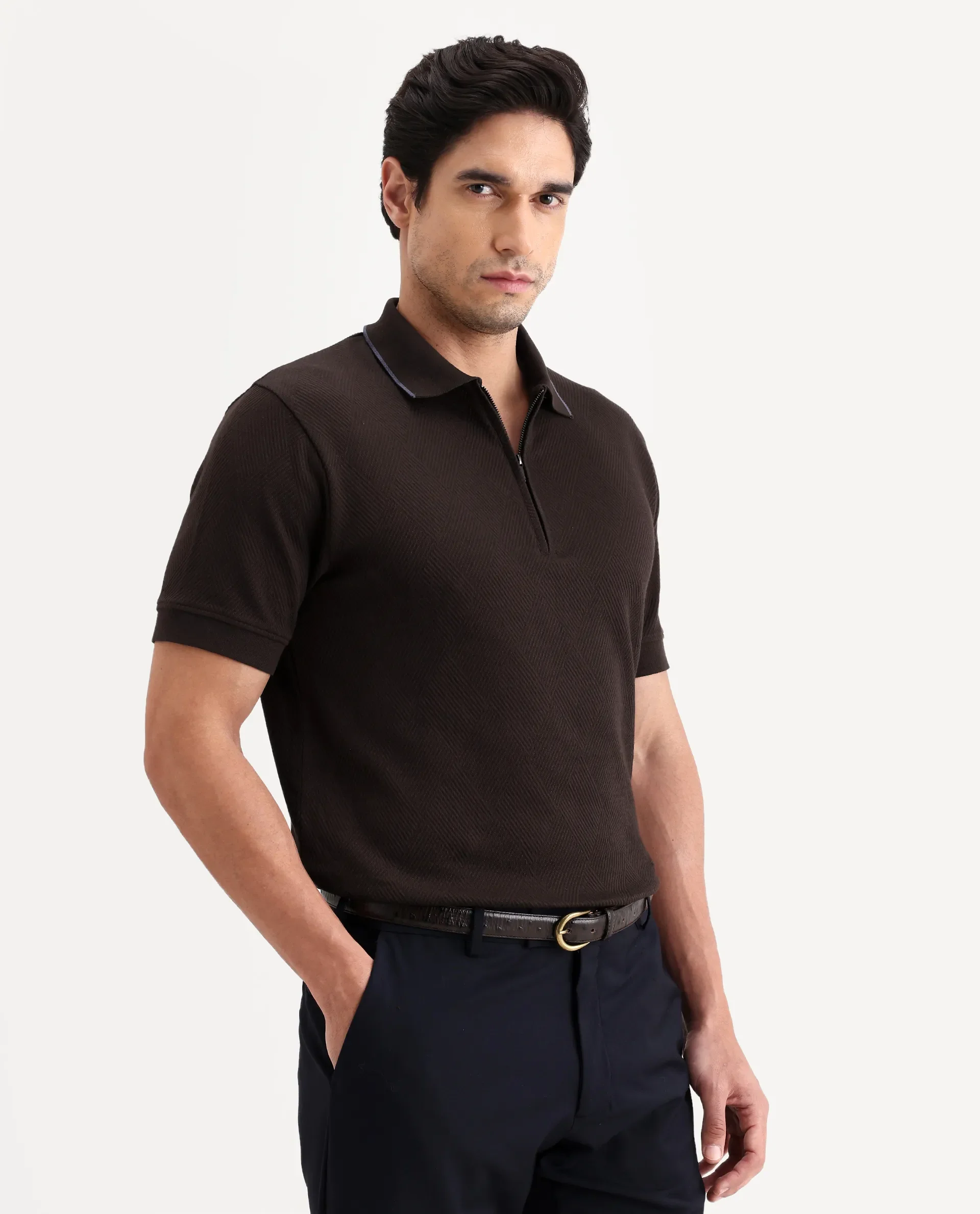Rare Rabbit Men's Argyn Dark Brown Cotton Fabric Half Sleeve Spread Collar Regular Fit Textured Polo - Image 6