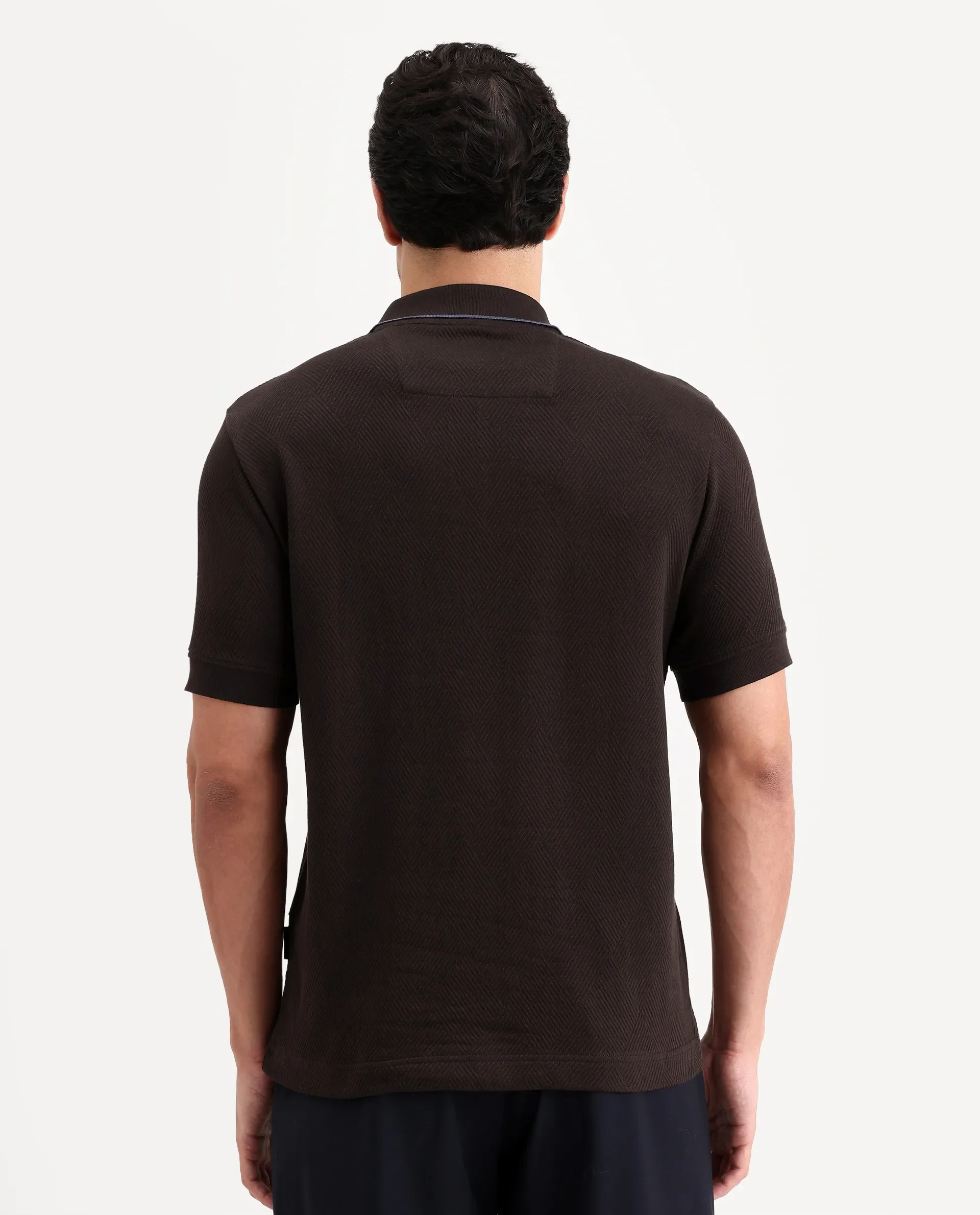 Rare Rabbit Men's Argyn Dark Brown Cotton Fabric Half Sleeve Spread Collar Regular Fit Textured Polo - Image 7