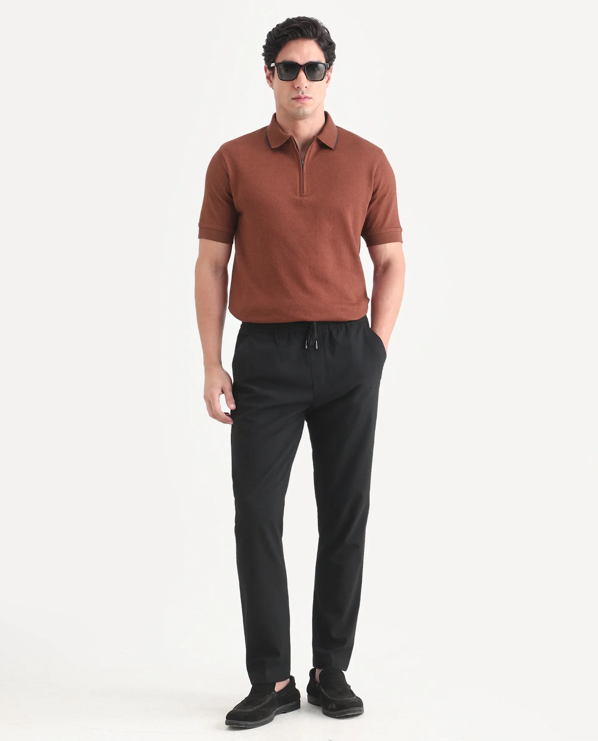 Rare Rabbit Men's Argyn Rust Cotton Fabric Half Sleeve Spread Collar Regular Fit Textured Polo - Image 2