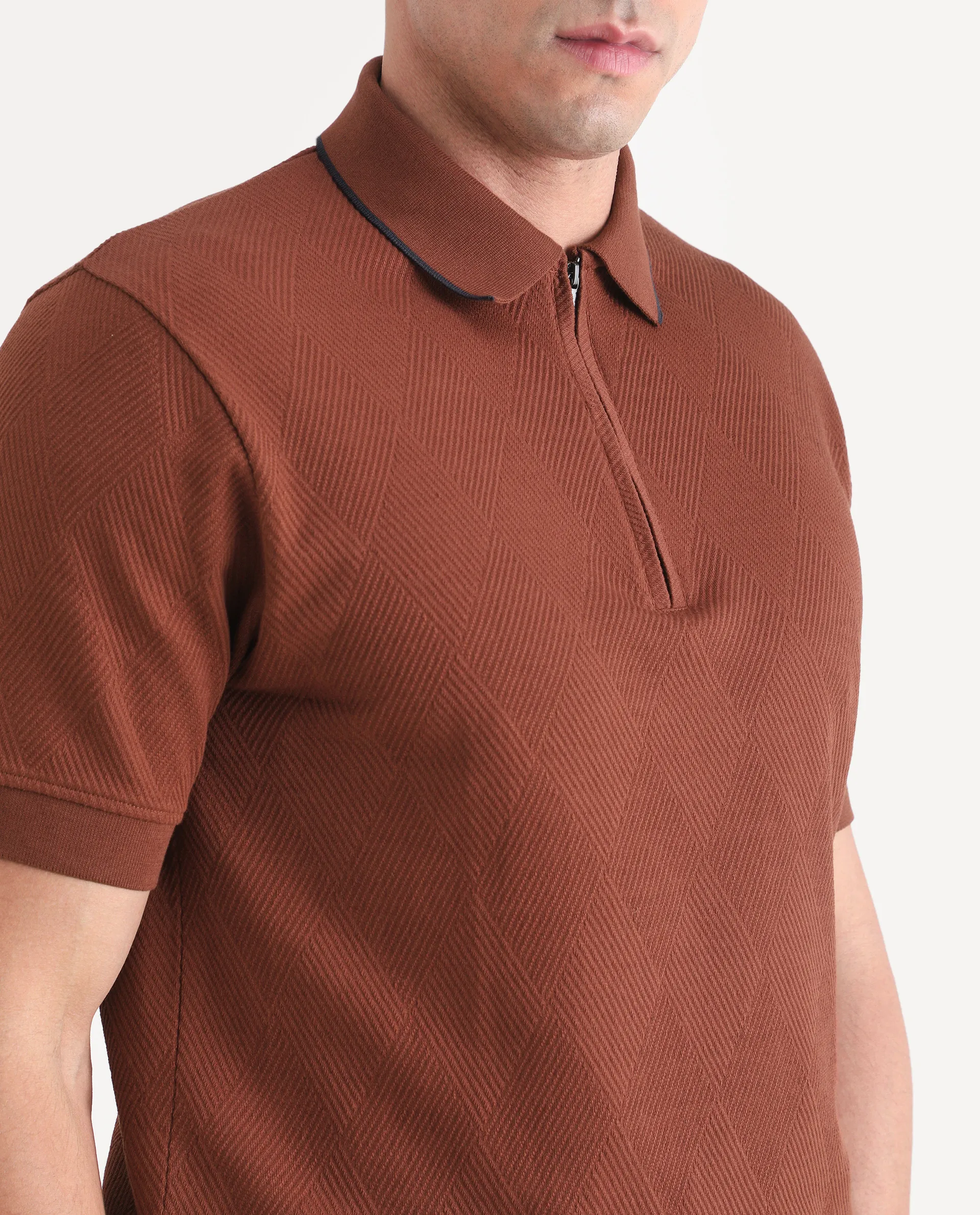 Rare Rabbit Men's Argyn Rust Cotton Fabric Half Sleeve Spread Collar Regular Fit Textured Polo - Image 3