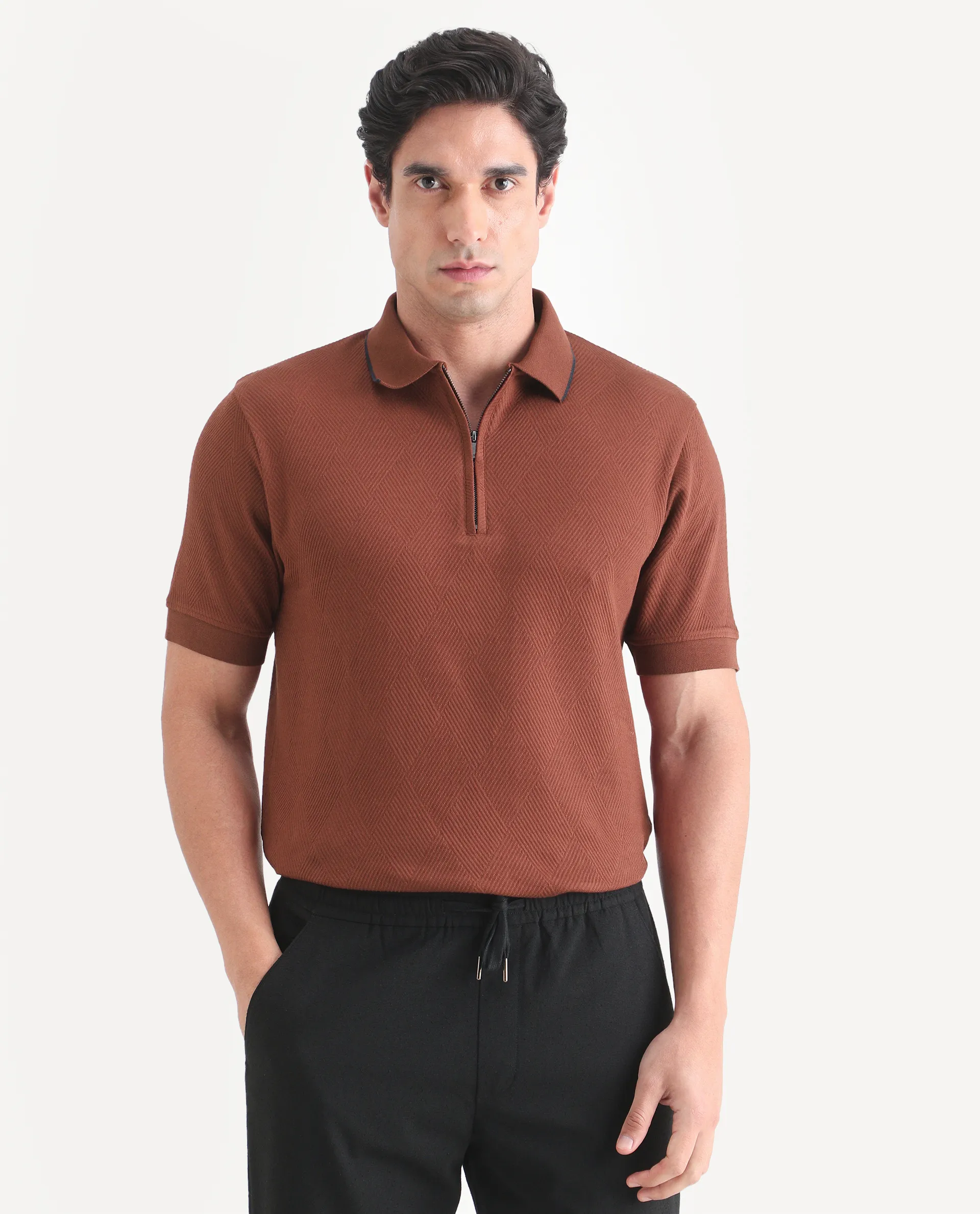 Rare Rabbit Men's Argyn Rust Cotton Fabric Half Sleeve Spread Collar Regular Fit Textured Polo - Image 4