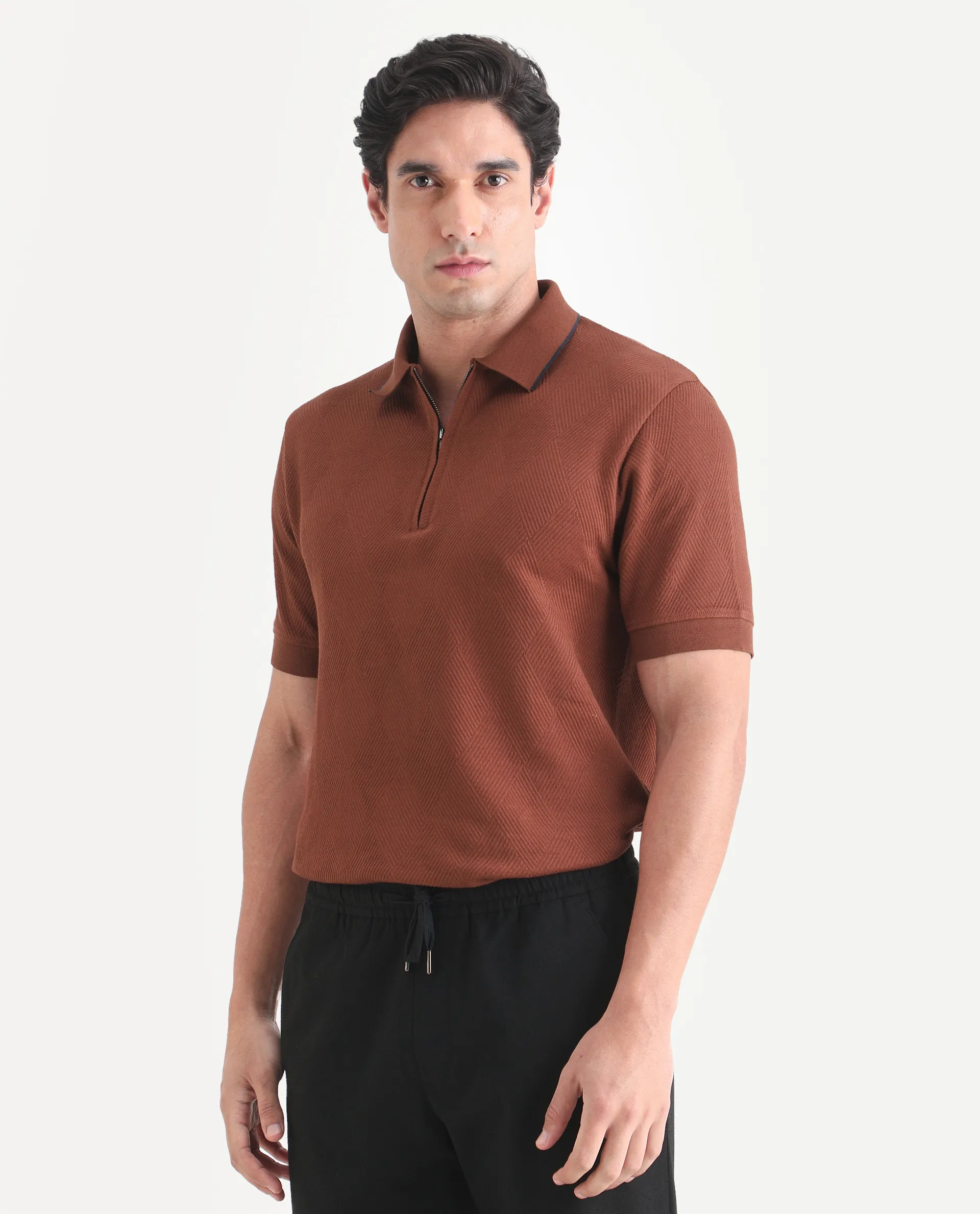 Rare Rabbit Men's Argyn Rust Cotton Fabric Half Sleeve Spread Collar Regular Fit Textured Polo - Image 5