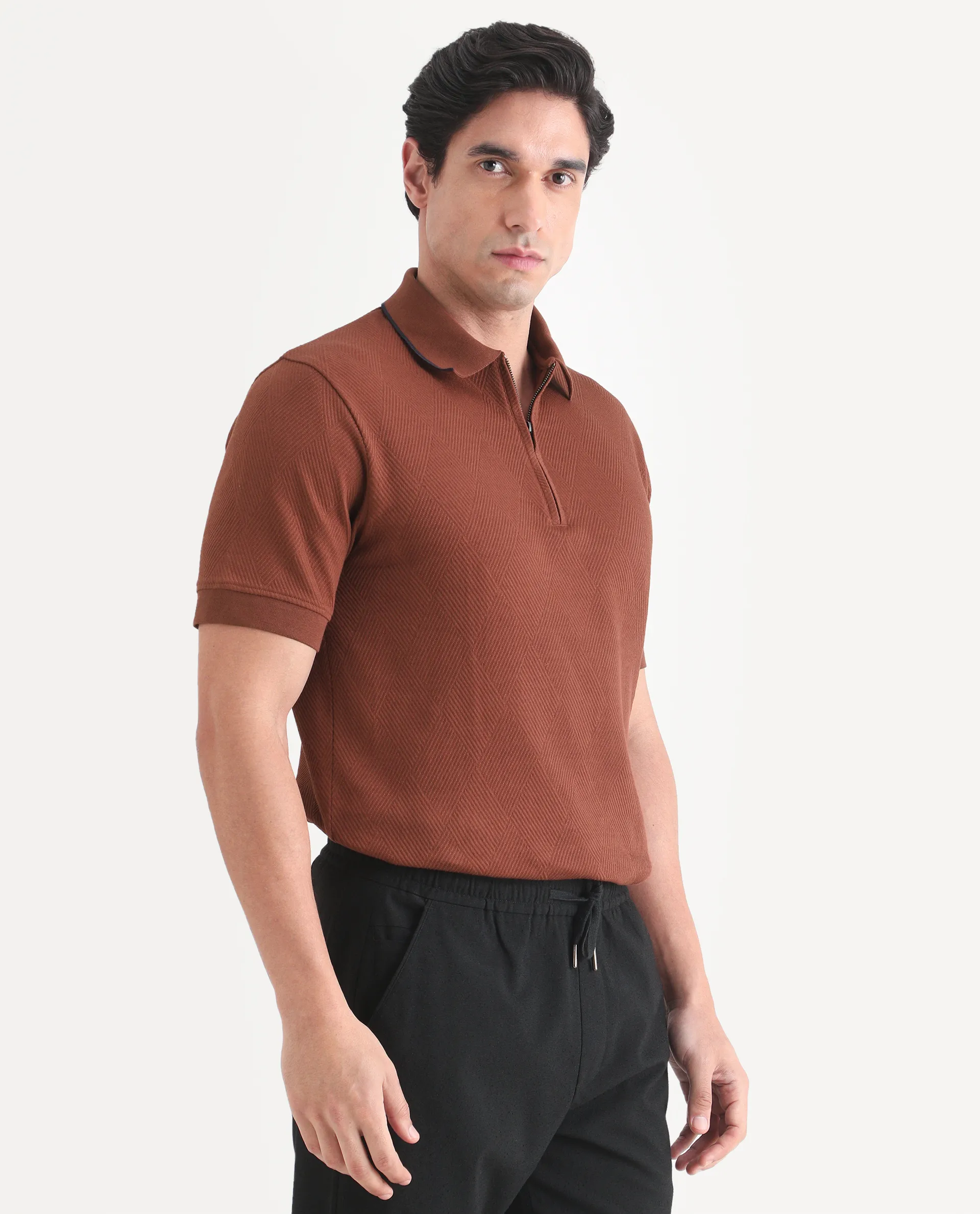 Rare Rabbit Men's Argyn Rust Cotton Fabric Half Sleeve Spread Collar Regular Fit Textured Polo - Image 6