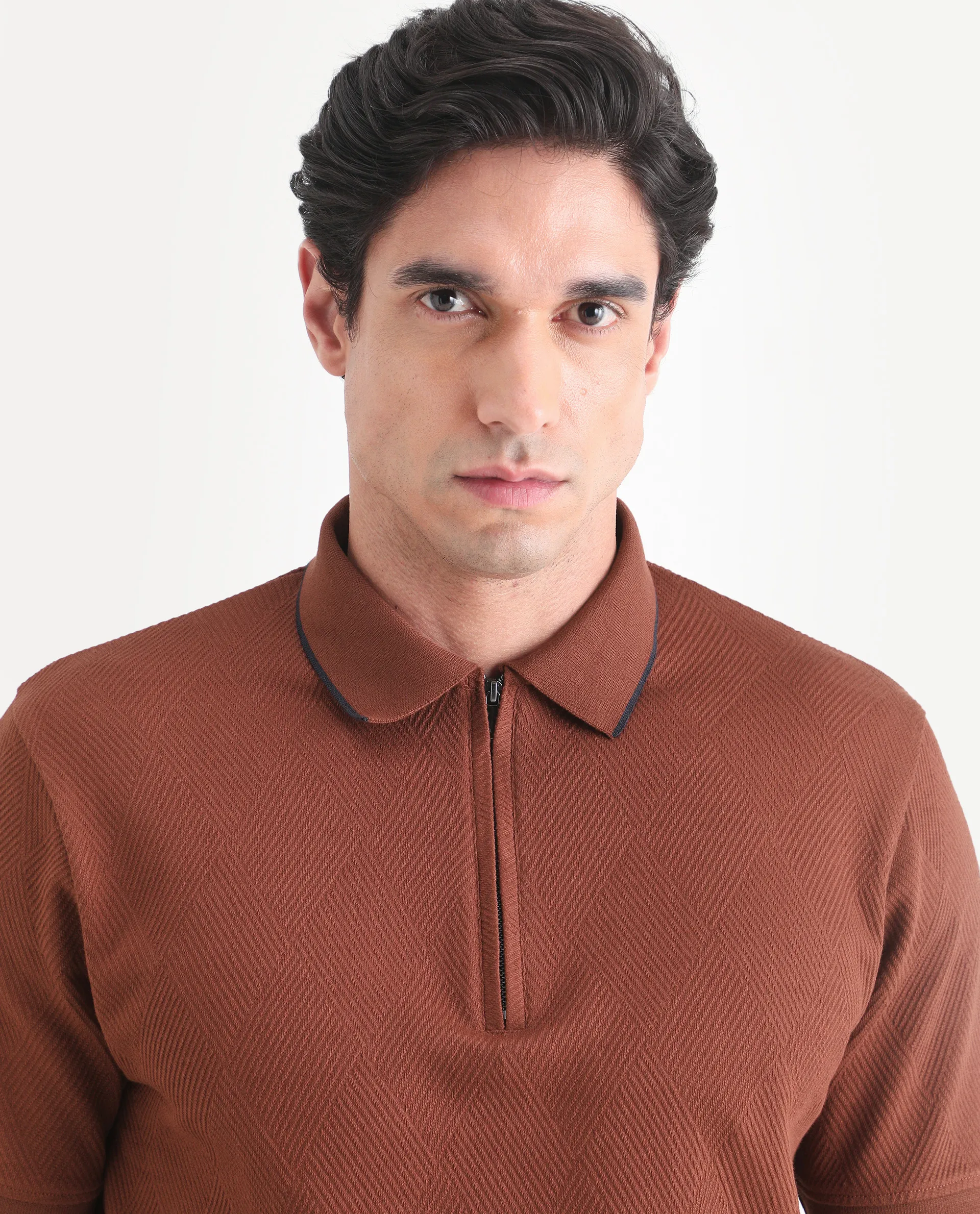 Rare Rabbit Men's Argyn Rust Cotton Fabric Half Sleeve Spread Collar Regular Fit Textured Polo - Image 7